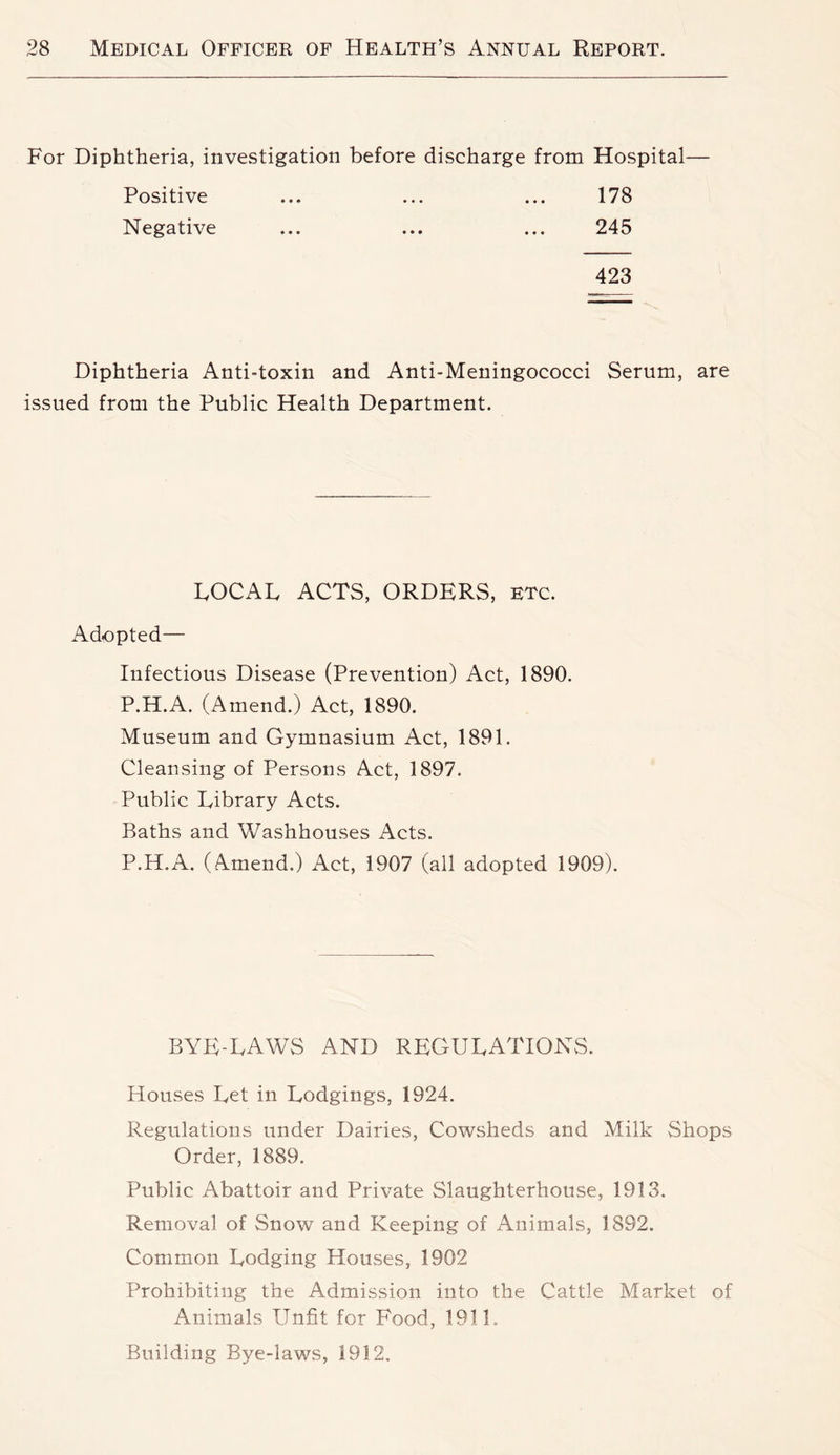 For Diphtheria, investigation before discharge from Hospital— Positive ... ... ... 178 Negative ... ... ... 245 423 Diphtheria Anti-toxin and Anti-Meningococci Serum, are issued from the Public Health Department. FOCAL ACTS, ORDERS, etc. Adopted— Infectious Disease (Prevention) Act, 1890. P.H.A. (Amend.) Act, 1890. Museum and Gymnasium Act, 1891. Cleansing of Persons Act, 1897. Public Library Acts. Baths and Washhouses Acts. P.H.A. (Amend.) Act, 1907 (ail adopted 1909). BYE-LAWS AND REGULATIONS. Houses Let in Lodgings, 1924. Regulations under Dairies, Cowsheds and Milk Shops Order, 1889. Public Abattoir and Private Slaughterhouse, 1913. Removal of Snow and Keeping of Animals, 1892. Common Lodging Houses, 1902 Prohibiting the Admission into the Cattle Market of Animals Unfit for Food, 1911. Building Bye-laws, 1912.