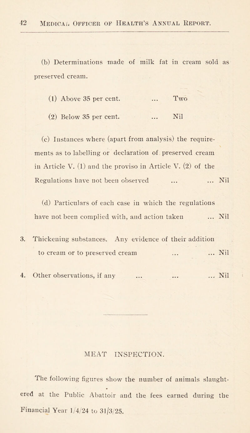 (b) Determinations made of milk fat in cream sold as preserved cream. (1) Above 35 per cent. ... Two (2) Below 35 per cent. ... Nil (c) Instances where (apart from analysis) the require- i . ments as to labelling or declaration of preserved cream in Article V. (1) and the proviso in Article V. (2) of the Regulations have not been observed ... ... Nil (d) Particulars of each case in which the regulations have not been complied with, and action taken ... Nil 3. Thickening substances. Any evidence of their addition to cream or to preserved cream ... ... Nil 4. Other observations, if any ... ... ... Nil MEAT INSPECTION. The following figures show the number of animals slaught- ered at the Public Abattoir and the fees earned during the Financial Year 1/4/24 to 31/3/25.