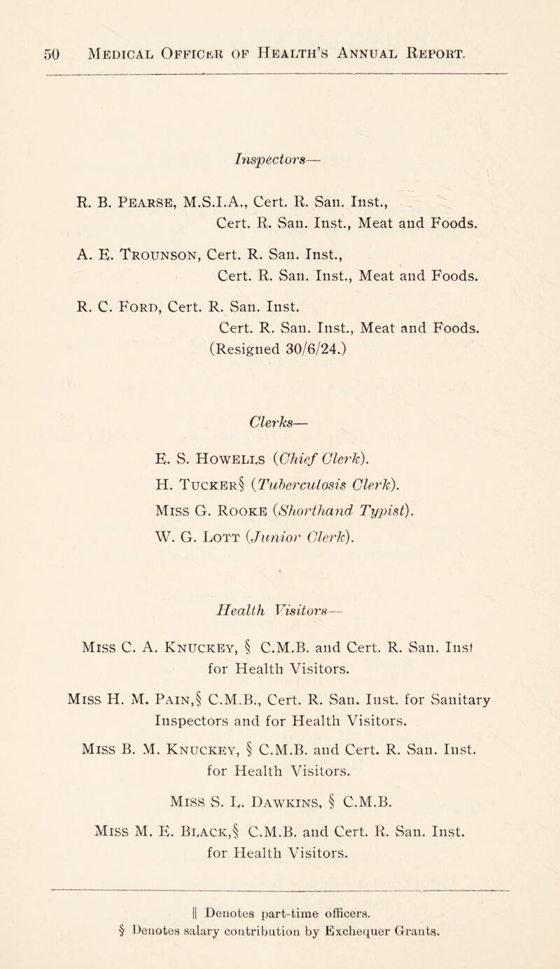 Inspectors— R. B. PearSE, M.S.I.A., Cert. R. San. Inst., Cert. R. San. Inst., Meat and Foods. A. E. Trounson, Cert. R. San. Inst., Cert. R. San. Inst., Meat and Foods. R. C. Ford, Cert. R. San. Inst. Cert. R. San. Inst., Meat and Foods. (Resigned 30/6/24.) Clerks— H. S. Howells {Chief Clerk). H. Tucker§ {Tuberculosis Clerk). Miss G. Rooke {Shorthand Typist). W. G. Lott {Junior Clerk). Health Vi.sito7's— Miss C. A. Knuckey, § C.M.B. and Cert. R. San. Inst for Health Visitors. Miss H. M. Pain,§ C.M.B., Cert. R. San. Inst, for Sanitary Inspectors and for Health Visitors. Miss B. M. Knuckey, § C.M.B. and Cert. R. San. Inst. for Health Visitors. Miss S. L. Dawkins, § C.M.B. Miss M. E. Black,§ C.M.B. and Cert. R. San. Inst. for Health Visitors. 11 Denotes part-time officers. § Denotes salary contribution by Exchequer G-rants.