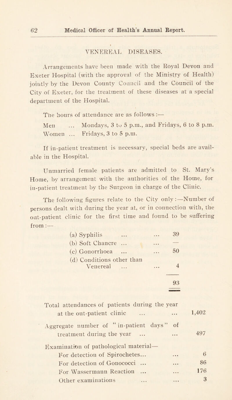 YE N E RE AL DISE ASE S. AtTangemeiits have been made with the Royal Devon and Exeter Hospital (with the approval of the Ministry of Health) jointly by the Devon County Council and the Council of the City of Exeter, for the treatment of these diseases at a special department of the Hospital. 'v The hours of attendance aie as follows ;— Men ... Mondays, 3 tw 5 p.m., and Fridays, 6 to 8 p.m. Women ... Fridays, 3 to 5 p.m. If in-patient treatment is necessary, special beds are avail- able in the Hospital. Unmarried female patients are admitted to St. Mary’s Home, by arrangement with the authorities of the Home, for in-patient treatment by the Surgeon in charge of the Clinic. The following figures relate to the City only :—Number of persons dealt with during the year at, or in connection with, the out-patient clinic for the first time and found to be suffering from ;— (a) Syphilis (b) Soft Chancre ... (c) Gonorrhoea (d) Conditions other than 50 39 Venereal 4 93 Total attendances of patients during the year at the out-patient clinic 1,402 Aggregate number of “in-patient days” of treatment during the year 497 ExaminatiPii of pathological material For detection of Spirochetes... For detection of Gonococci ... For Wassermann Reaction ... Other examinations 176 3 6 86