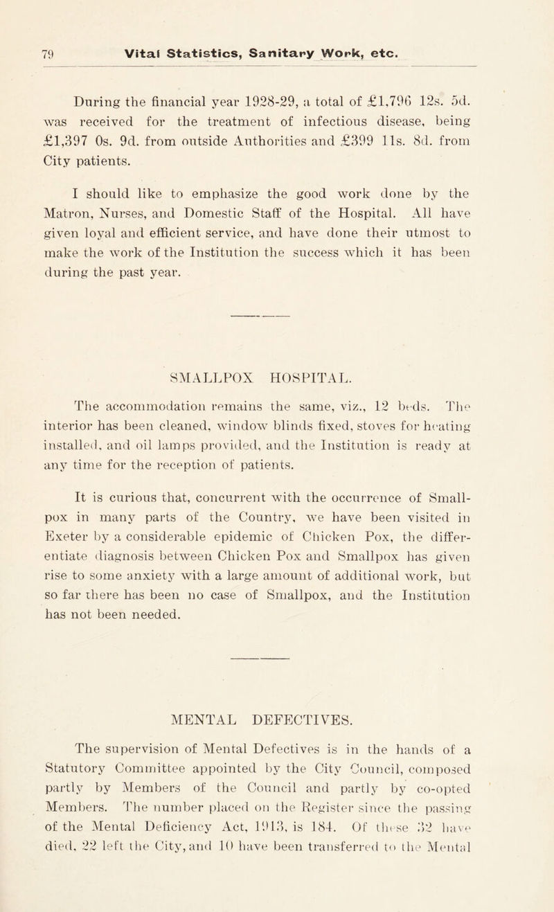 During the financial year 1928-29, a total of £1,796 12s. 5d. was received for the treatment of infectious disease, being £1,397 Os. 9d. from outside Authorities and £399 11s. 8d. from City patients. 1 should like to emphasize the good work done by the Matron, Nurses, and Domestic Staff of the Hospital. All have given loyal and efficient service, and have done their utmost to make the work of the Institution the success which it has been during the past year. SMALLPOX HOSPITAL. The accommodation remains the same, viz., 12 beds. Tlie interior has been cleaned, window blinds fixed, stoves for heating installed, and oil lamps provided, and the Institution is ready at any time for the reception of patients. It is curious that, concurrent with the occurrence of Small- pox in many parts of the Country, we have been visited in Exeter by a considerable epidemic of Chicken Pox, the differ- entiate diagnosis between Chicken Pox and Smallpox has given rise to some anxiety with a large amount of additional work, but so far there has been no case of Smallpox, and the Institution has not been needed. MENTAL DEFECTIVES. The supervision of Mental Defectives is in the hands of a Statutory Committee appointed by the City Council, composed partly by Members of the Council and partly by co-opted Members, ddie number placed on the Register since tlie passing of the Mental Deficiency Act, 1913, is 184. Of tlu se 32 have died, 22 left the City, and 10 have been transferred t<» the Mental