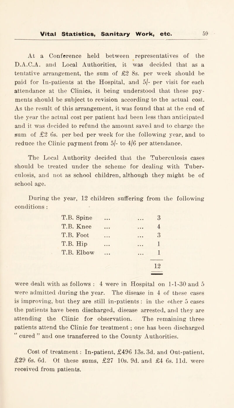 At a Conference held between representatives of the D.A.C.A. and Local Authorities, it was decided that as a tentative arrangement, the sum of £2 8s. per week should be paid for In-patients at the Hospital, and 5/- per visit for each attendance at the Clinics, it being understood that these pay- ments should be subject to revision according to the actual cost. As the result of this arrangement, it was found that at the end of the year the actual cost per patient had been less than anticipated and it was decided to refund the amount saved and to charge the sum of £2 6s. per bed per week for the following year, and to reduce the Clinic payment from 5/- to 4/6 per attendance. The Local Authority decided that the Tuberculosis cases should be treated under the scheme for dealing with Tuber- culosis, and not as school children, although they might be of school age. During the year, 12 children suffering from the following conditions : T.B. Spine ... ... 3 T.B. Knee ... ... 4 T.B. Foot ... ... 3 T.B. Hip ... ... 1 T.B. Elbow ... ... 1 12 were dealt with as follows : 4 were in Hospital on 1-1-30 and 5 were admitted during the year. The disease in 4 of these cases is improving, but they are still in-patients : in the other 5 cases the patients have been discharged, disease arrested, and they are attending the Clinic for observation. The remaining three patients attend the Clinic for treatment; one has been discharged “ cured ” and one transferred to the County Authorities. Cost of treatment: In-patient, £496 13s. 3d. and Out-patient, £29 6s. 6d. Of these sums, £27 10s. 9d. and £4 6s. lid. were received from patients.