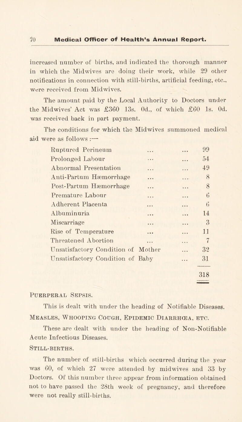 increased number of births, and indicated the thorough manner in which the Midwives are doing their work, while 29 other notifications in connection with still-births, artificial feeding, etc., were received from Midwives. The amount paid by the Local Authority to Doctors under the Midwives’ Act was £360 13s. 0d., of which £60 Is. Od. was received back in part payment. The conditions for which the Midwives summoned medical aid were as follows :— Ruptured Perineum ... ... 99 Prolonged Labour ••• ... 54 Abnormal Presentation ... ... 49 Anti-Partum Haemorrhage ... ... 8 Post-Partum Haemorrhage ... ... 8 Premature Labour ... ... 6 Adherent Placenta ... ... 6 Albuminuria ... ... 14 Miscarriage ... ... 3 Rise of Temperature ... ... 11 Threatened Abortion ... ... 7 Unsatisfactory Condition of Mother ... 32 Unsatisfactory Condition of Baby ... 31 318 Puerperal Sepsis. This is dealt with under the heading of Notifiable Diseases. Measles, Whooping Cough, Epidemic Diarrhcea, etc. These are dealt with under the heading of Non-Notifiable Acute Infectious Diseases. Still-births. The number of still-births which occurred during the year was 60, of which 27 were attended by midwives and 33 by Doctors. Of this number three appear from information obtained not to have passed the 28th week of pregnancy, and therefore were not really still-births.