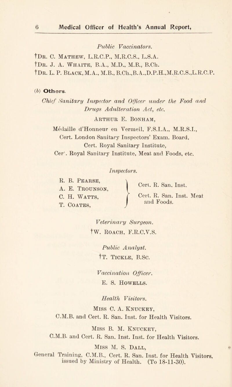 Public Vaccinators. tDR. 0. Mathew, L.R.C.P., M.R.C.S., L.S.A. tDR. J. A. Whaitb, B.A., M.D., M.B., B.Ch. tDR. L. P. Black, M.A., M.B., B.Ch.,B.A.,D.P.H.,M.R.C.S.,L.R. {h) Others. Chief Sanitary Inspector and Officer under the Food and Drugs Adulteration Act, etc, Arthur E. Bonham, Medaille d’Honneur en Vermeil, F.S.I.A., M.R.S.L, Cert. London Sanitary Inspectors’ Exam. Board, Cert. Royal Sanitary Institute, Cer'. Royal Sanitary Institute, Meat and Foods, etc. Inspectors. R. B. Pearsb, A. E. Trounson, C. H. Watts, T. Coates, {Cert. R. San. Inst, Cert. R. San. Inst. Meat and Foods. Veterinary Surgeon. tw. Roach, F.R.C.V.S. Public Analyst. It. Tickle, B.Sc. Vaccination Officer. E. S. Howells. Health Visitors, Miss C. A. Knuckey, C.M.B. and Cert. R. San. Inst, for Health Visitors. Miss B. M. Knuckey, C.M.B. and Cert. R. San. Inst. Inst, for Health Visitors. Miss M. S. Hall, General Training, C.M.B., Cert. R. San. Inst, for Health Visitors, issued by Ministry of Health. (To 18-11-30).