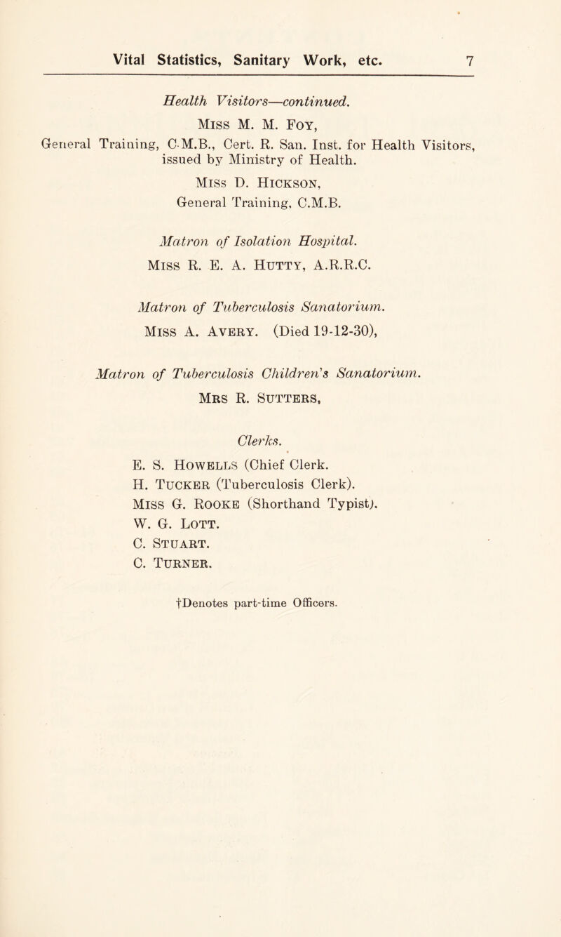 Health Visitors—continued. Miss M. M. Foy, General Training, C M.B., Cert. R. San. Inst, for Health Visitors, issued by Ministry of Health. Miss D. Hickson, General Training, C.M.B. Matron of Isolation Hospital. Miss R. E. A. Hutty, A.R.R.C. Matroji of Tuberculosis Sanatoriwn. Miss A. Avery. (Died 19-12-30), Matron of Tuberculosis Childreri’s Sanatorium. Mrs R. Sutters. Clerks. E. S. Howells (Chief Clerk. H. Tucker (Tuberculosis Clerk). Miss G. Rooke (Shorthand Typist;. W. G. Lott. C. Stuart. C. Turner. tDenotes part-time Officers.