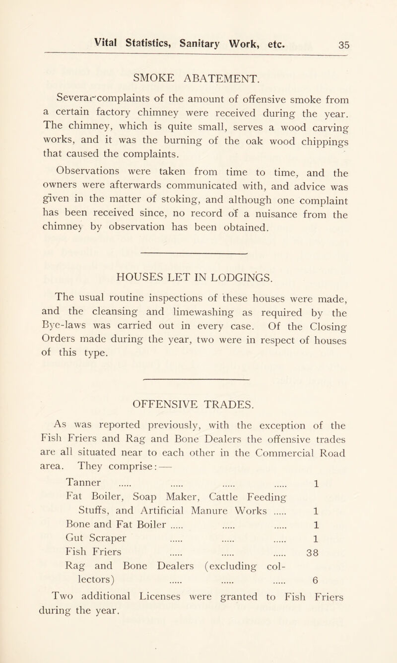 SMOKE ABATEMENT. Several''complaints of the amount of offensive smoke from a certain factory chimney were received during the year. The chimney, which is quite small, serves a wood carving works, and it was the burning of the oak wood chippings that caused the complaints. Observations were taken from time to time, and the owners were afterwards communicated with, and advice was given in the matter of stoking, and although one complaint has been received since, no record of a nuisance from the chimney by observation has been obtained. HOUSES LET IN LODGINGS. The usual routine inspections of these houses were made, and the cleansing and limewashing as required by the Bye-laws was carried out in every case. Of the Closing Orders made during the year, two were in respect of houses of this type. OFFENSIVE TRADES. As was reported previously, with the exception of the Fisli Friers and Rag and Bone Dealers the offensive trades are all situated near to each other in the Commercial Road area. They comprise: — Tanner 1 Fat Boiler, Soap Maker, Cattle Feeding Stuffs, and Artificial Manure Works 1 Bone and Fat Boiler 1 Gut Scraper 1 Fish Friers 38 Rag and Bone Dealers (excluding col- lectors) 6 Two additional Licenses were granted to Fish Friers during the year.