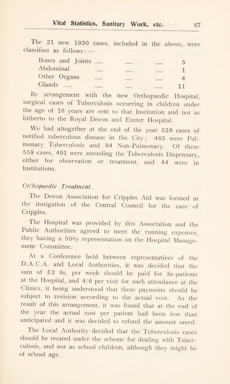 The 21 new 1930 cases, included in the above, were classifieci as follows: — Bones and Joints 5 Abdominal y Other Organs 4 Glands .... 11 By arrangement with the new Orthopaedic Hospital, surgical cases of Tuberculosis occurring in diildren under the age of 16 years are sent to that Institution and not as hitherto to the Royal Devon and Exeter Hospital. We had altogether at the end of the year 559 cases of notified tuberculous disease in the City; 465 were Pul- monary Tuberculosis and 94 Non-Pulmonary. Of these 559 cases, 401 were attending the Tuberculosis Dispensary, either for observation or treatment, and 44 were in Institutions. Orthopaedic Treatment. The Devon Association for Cripples Aid was forrhed at the instigation of the Central Council for the care of Cripples,. The Hospital was provided by this Association and the Public Authorities agreed to meet the running expenses, they having a 50o/o representation on the Hospital Manage- ment Committee. At a Conference held between representatives of the D.A.C.A. and Local Authorities, it was decided that the sum of £2 6s. per week should be paid for In-patients at the Hospital, and 4/6 per visit for each attendance at the Clinics, it being understood that these payments should be subject to revision according to the actual cost. As the result of this arrangement, it was found that at the end of the year the actual cost per patient had been less than anticipated and it was decided to refund the amount saved. The Local Authority decided that the Tuberculosis cases should be treated under the scheme for dealing with Tuber- culosis, and not as school children, although they might be of school age.