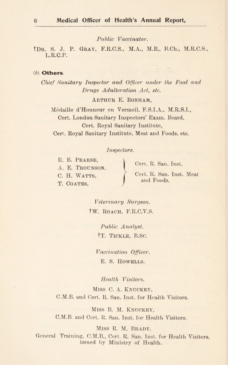 Public Vaccinator. tDR. S. J. P. Gray, F.R.C.S., M.A., M.B„ B.Ch., M.R.C.S., L.R.C.P. (b) Others. Chief Sanitary Inspector and Officer under the Food and Drugs Adulteration Act, etc. Arthur E. Bonham, Medaille d’Honneur en Vermeil, F.S.I.A., M.R.S.I., Cert. London Sanitary Inspectors’ Exam. Board, Cert. Royal Sanitary Institute, Cert. Royal Sanitary Institute, Meat and Foods, etc. Inspectors. R. B. Pearse, A. E. Trounson, C. H. Watts, T. Coates, Cert. R. San. Inst, Cert. R. San. Inst. Meat and Foods. V'eterinary Surgeon. tW. Roach, F.R.C.V.S. Public Analyst. tT. Tickle, B.Sc. Vaccination Officer. E. S. Howells. Health Visitors. Miss C. A. Knuckey, C.M.B. and Cert. R. San. Inst, for Health Visitors. Miss B. M. Knuckey, C.M.B. and Cert. R. San. Inst, for Health Visitors. Miss R. M. Brady. General Training, C.M.B., Cert. R. San. Inst, for Health Visitors, issued by Ministry of Health.