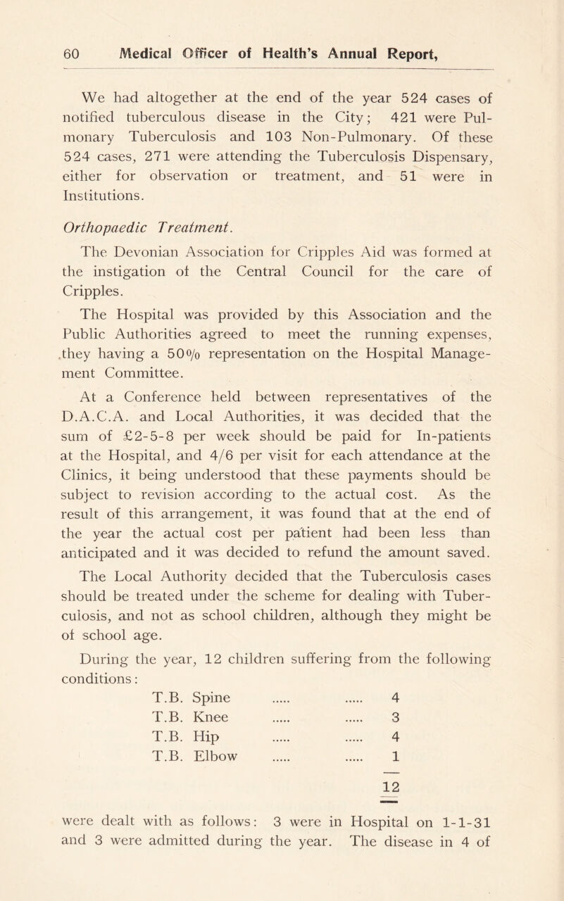 We had altogether at the end of the year 524 cases of notified tuberculous disease in the City; 421 were Pul- monary Tuberculosis and 103 Non-Pulmonary. Of these 524 cases, 271 were attending the Tuberculosis Dispensary, either for observation or treatment, and 51 were in Institutions. Orthopaedic Treatment. The Devonian Association for Cripples Aid was formed at the instigation of the Central Council for the care of Cripples. The Hospital was provided by this Association and the Public Authorities agreed to meet the running expenses, they having a 50o/o representation on the Hospital Manage- ment Committee. At a Conference held between representatives of the D.A.C.A. and Local Authorities, it was decided that the sum of £2-5-8 per week should be paid for In-patients at the Hospital, and 4/6 per visit for each attendance at the Clinics, it being understood that these payments should be subject to revision according to the actual cost. As the result of this arrangement, it was found that at the end of the year the actual cost per patient had been less than anticipated and it was decided to refund the amount saved. The Local Authority decided that the Tuberculosis cases should be treated under the scheme for dealing with Tuber- culosis, and not as school children, although they might be ol school age. During the year, 12 children suffering from the following conditions: T.B. Spine 4 T.B. Knee 3 T.B. Hip 4 T.B. Elbow 1 12 were dealt with as follows: 3 were in Hospital on 1-1-31 and 3 were admitted during the year. The disease in 4 of