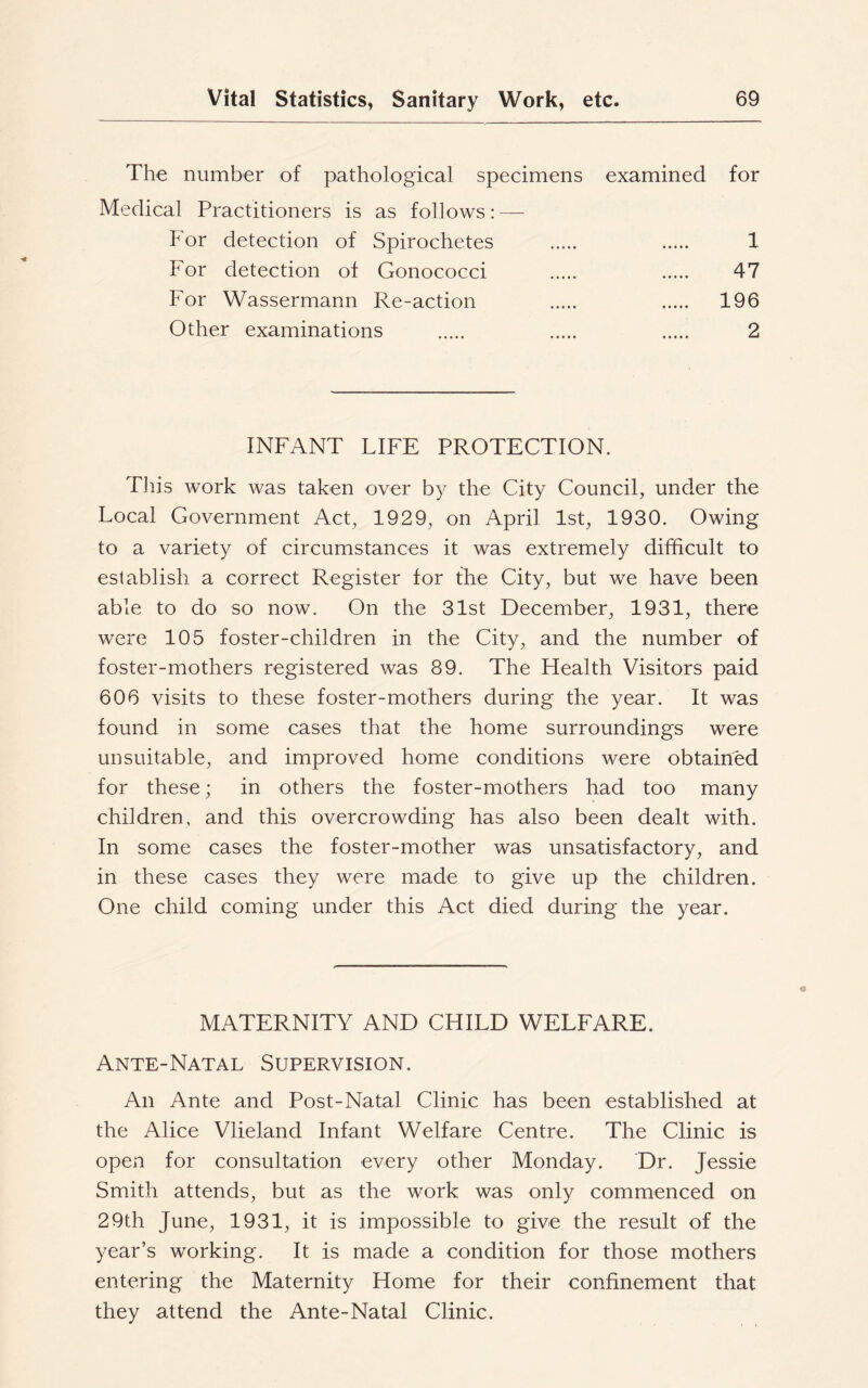 The number of pathological specimens examined for Medical Practitioners is as follows: — For detection of Spirochetes ..... 1 For detection of Gonococci 47 For Wassermann Re-action 196 Other examinations 2 INFANT LIFE PROTECTION. This work was taken over by the City Council, under the Local Government Act, 1929, on April 1st, 1930. Owing to a variety of circumstances it was extremely difficult to establish a correct Register for the City, but we have been able to do so now. On the 31st December, 1931, there were 105 foster-children in the City, and the number of foster-mothers registered was 89. The Health Visitors paid 606 visits to these foster-mothers during the year. It was found in some cases that the home surroundings were unsuitable, and improved home conditions were obtained for these; in others the foster-mothers had too many children, and this overcrowding has also been dealt with. In some cases the foster-mother was unsatisfactory, and in these cases they were made to give up the children. One child coming under this Act died during the year. MATERNITY AND CHILD WELFARE. Ante-Natal Supervision. An Ante and Post-Natal Clinic has been established at the Alice Vlieland Infant Welfare Centre. The Clinic is open for consultation every other Monday. Dr. Jessie Smith attends, but as the work was only commenced on 29th June, 1931, it is impossible to give the result of the year’s working. It is made a condition for those mothers entering the Maternity Home for their confinement that they attend the Ante-Natal Clinic.