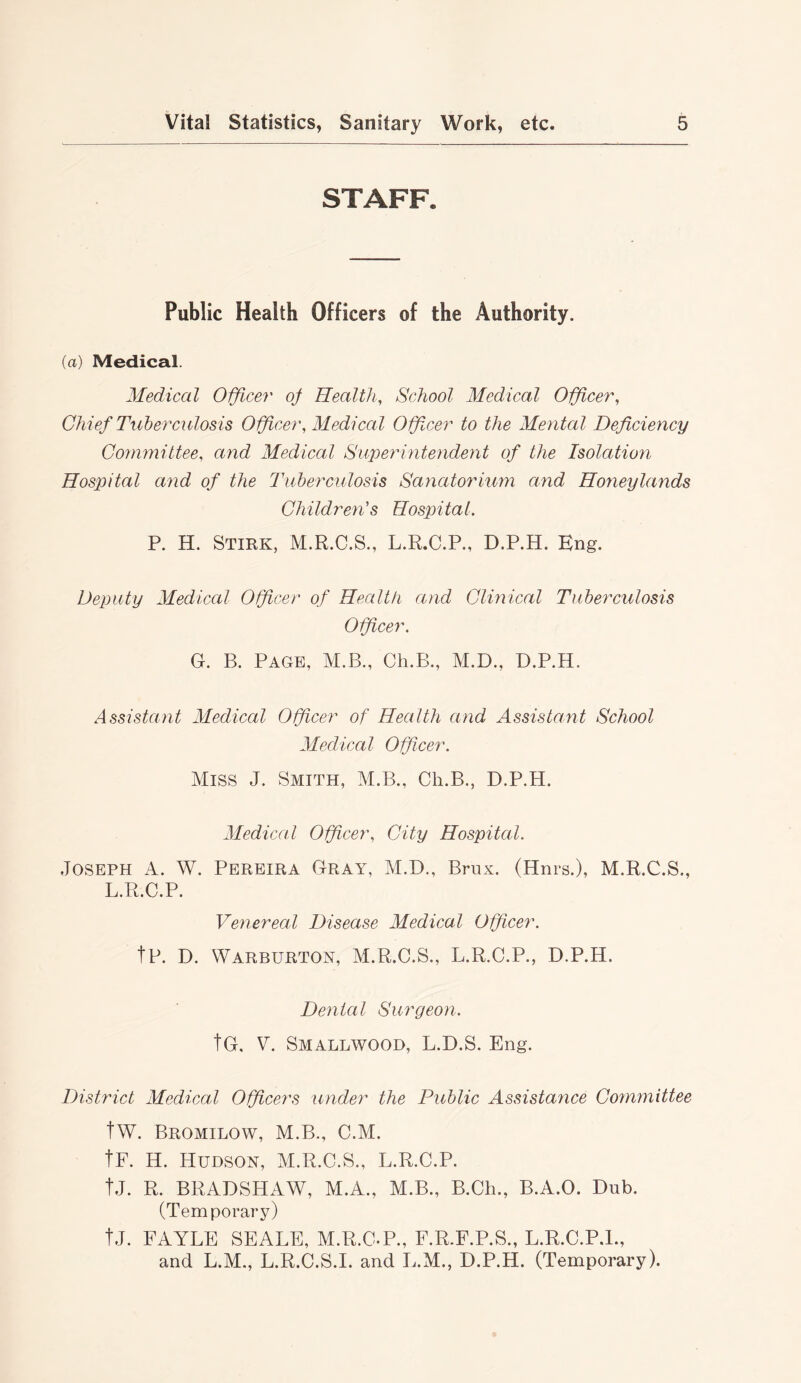 STAFF. Public Health Officers of the Authority. (a) Medical. Medical Office^' of Health., School Medical Officer, Chief Tuberculosis Officer, Medical O fleer to the Mental Deficiency Committee, and Medical Superintendent of the Isolation Hospital and of the Tuberculosis Sanatorium and Honeylands Children's Hospital. P. H. Stirk, M.R.C.S., L.R.C.P., D.P.H. Eng. Deputy Medical Officer of Health and Clinical Tuberculosis Offeer. G. B. Page, M.B., Ch.B., M.D., D.P.H. Assistant Medical Officer of Health and Assistant School Medical Officer. Miss J. Smith, M.B., Ch.B., D.P.H. Medical Officer, City Hospital. Joseph A. W. Pereira Gray, M.D., Brux. (Hnrs.), M.R.C.S., L.R.C.P. Venereal Disease Medical Officer. tP. D. Warburton, M.R.C.S., L.R.C.P., D.P.H. Denial Surgeon. tG. V. Smallwood, L.D.S. Eng. District Medical Officers under the Public Assistance Committee tW. Bromilow, M.B., C.M. tP. H. Hudson, M.R.C.S., L.R.C.P. tJ. R. BRADSHAW, M.A., M.B., B.Ch., B.A.O. Dub. (Temporary) tJ. FAYLE SEALE, M.R.C.P., F.R.F.P.S., L.R.C.P.!., and L.M., L.R.C.S.I. and L.M., D.P.H. (Temporary).