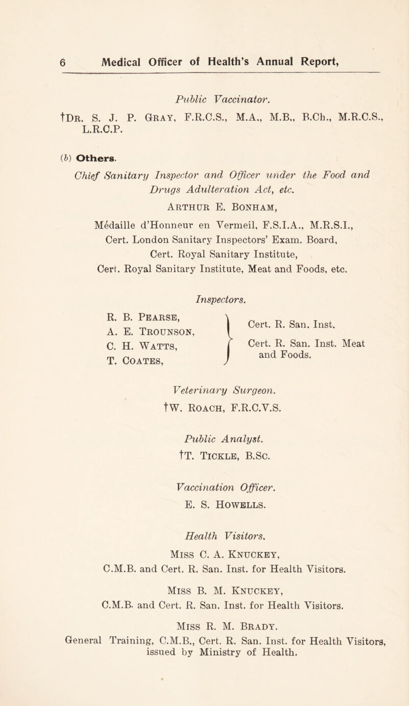 Public Vaccinator. tDR. S. J. P. Gray, F.R.C.S., L.R.C.P. M.A., M.B„ B.Ch., M.R.C.S., {h) Others. Chief Sanitary Inspector and Officer under the Food and Drugs Adulteration Act, etc. Arthur E. Bonham, Medaille d’Honneur en Vermeil, F.S.I.A., M.R.S.L, Cert. London Sanitary Inspectors’ Exam. Board, Cert. Royal Sanitary Institute, Cert. Royal Sanitary Institute, Meat and Foods, etc. Inspectors. R. B. Pearse, A. E. Trounson, C. H. Watts, T. Coates, Cert. R. San. Inst, Cert. R. San. Inst. Meat and Foods. Veterinary Surgeon. tW. Roach, F.R.C.V.S. Public Analyst. tT. Tickle, B.Sc. Vaccination Officer. E. S. Howells. Health Visitors. Miss C. A. Knuckey, C.M.B. and Cert. R. San. Inst, for Health Visitors. Miss B. M. Knuckey, C.M.B. and Cert. R. San. Inst, for Health Visitors. Miss R. M. Brady. General Training, C.M.B., Cert. R. San. Inst, for Health Visitors, issued by Ministry of Health.