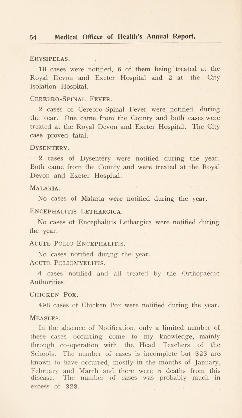 Erysipelas. 18 caises were notified, 6 of them being treated at the Royal Devon and Exeter Hospital and 2 at the City Isolation Hospital. Cerebro-Spinal Fever. 2 cases of Cerebro-Spinal Fever were notified during the year. One came from the County and both cases were treated at the Royal Devon and Exeter Hospital. The City case proved fatal. Dysentery. 2 cases of Dysentery were notified during the year. Both came from the County and were treated at the Royal Devon and Exeter Hospital. Malaria. No cases of Malaria were notified during the year. Encephalitis Lethargica. No cases of Encephalitis Lethargica were notified during the year. Acute Polio-Encephalitis. No cases notified during the year. Acute Poliomyelitis. 4 cases notified and all treated by the Orthopaedic Authorities. Chicken Pox. 498 cases of Chicken Pox were notified during the year. Measles. In the absence of Notification, only a limited number of these cases occurring come to my knowledge, mainly through co-operation with the Head Teachers of the Schools. The number of cases is incomplete but 323 are known to have occurred, mostly in the months of January, February and March and there were 5 deaths from this disease. The number of cases was probably much in excess of 323.