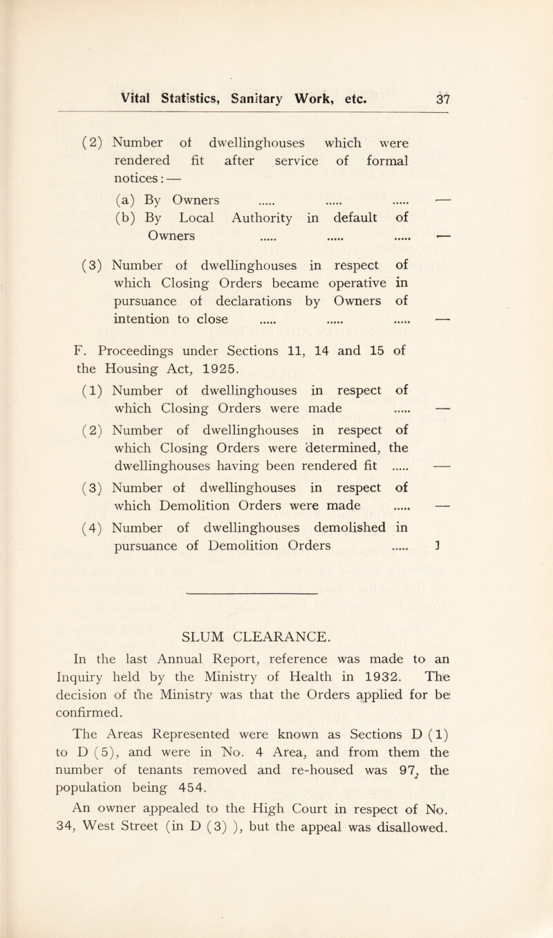 (2) Number ot dwellinghouses which were rendered fit after service of formal notices: — (a) By Owners (b) By Local Authority in default of Owners (3) Number of dwellinghouses in respect of which Closing Orders became operative in pursuance of declarations by Owners of intention to close F. Proceedings under Sections 11, 14 and 15 of the Housing Act, 1925. (1) Number of dwellinghouses in respect of which Closing Orders were made (2) Number of dwellinghouses in respect of which Closing Orders were determined, the dwellinghouses having been rendered fit (3) Number of dwellinghouses in respect of which Demolition Orders were made (4) Number of dwellinghouses demolished in pursuance of Demolition Orders 3 SLUM CLEARANCE. In the last Annual Report, reference was made to an Inquiry held by the Ministry of Health in 1932. The decision of the Ministry was that the Orders apphed for be! confirmed. The Areas Represented were known as Sections D(l) to D (5), and were in No. 4 Area, and from them the number of tenants removed and re-housed was 97^ the population being 454. An owner appealed to the High Court in respect of No. 34, West Street (in D (3) ), but the appeal was disallowed.