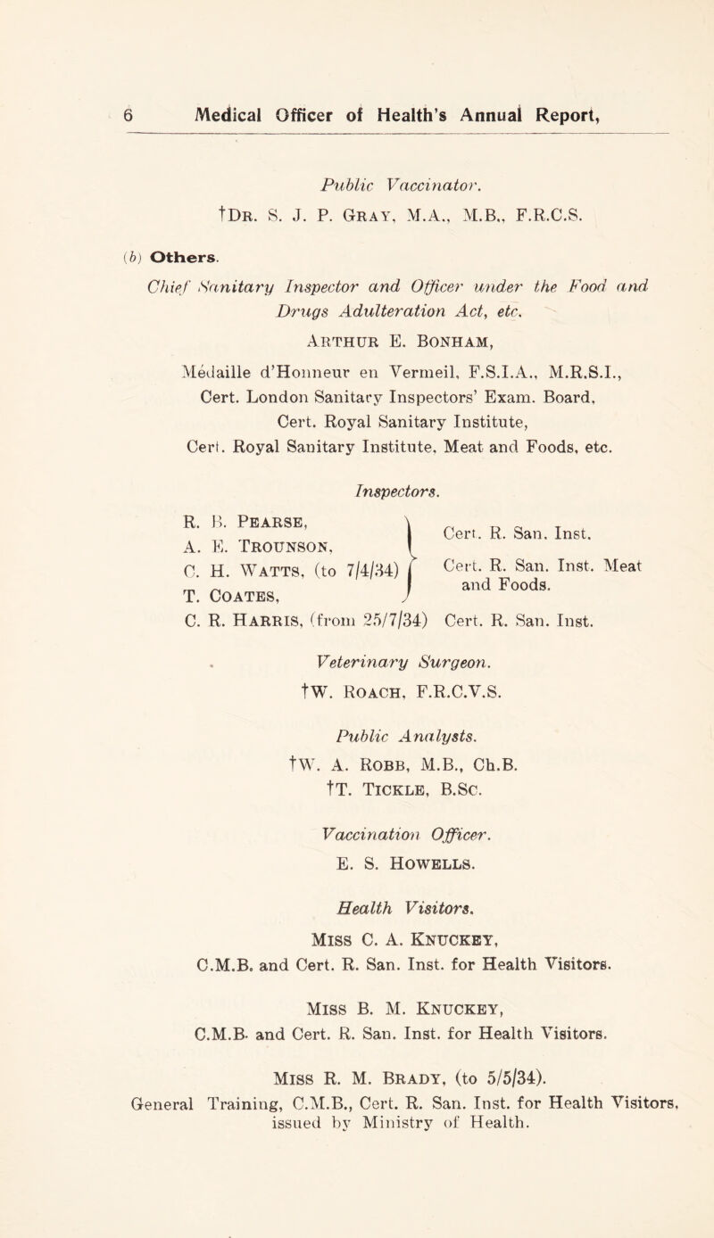 Public Vaccinator. tDR. S. J. P. Gray, M.A., M.B„ F.R.C.S. {h) Others. Chief Srcnitary Inspector and Oifirer under the Food and Drugs Adulteration Act, etc. Arthur E, Bonham, Medaille d’Hoiineur en Vermeil, F.S.I.A., M.R.S.L, Cert. London Sanitary Inspectors’ Exam. Board, Cert. Royal Sanitary Institute, Cert. Royal Sanitary Institute, Meat and Foods, etc. Inspectors. Cert. R. San. Inst. Cert. R. San. Inst. Meat and Foods. C. R. Harris, (from 25/7/34) Cert. R. San. Inst. Veterinary Surgeon. tW. Roach, F.R.C.V.S. Public Analysts. tW. A. Robb, M.B., Ch.B. tT. Tickle, B.Sc. Vaccination Officer. E. S. Howells. Health Visitors. Miss C. A. Knuckey, C.M.B, and Cert. R. San. Inst, for Health Visitors. Miss B. M. Knuckey, C.M.B. and Cert. R. San. Inst, for Health Visitors. Miss R. M. Brady, (to 5/5/34). General Training, C.M.B., Cert. R. San. Inst, for Health Visitors, issued by Ministry of Health.