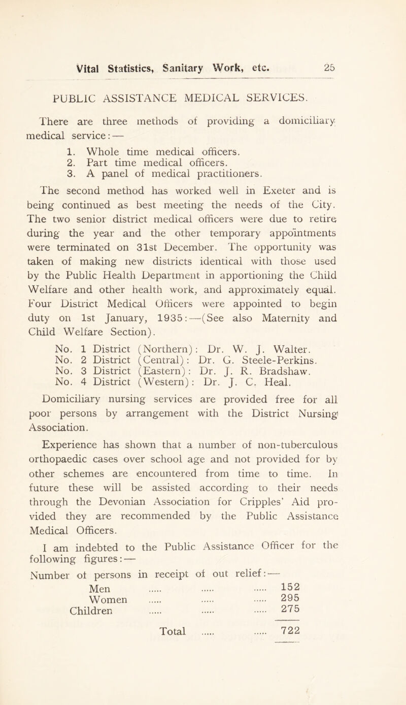PUBLIC ASSISTANCE MEDICAL SERVICES. There are three methods of providing a domiciliary medical service: — 1. Whole time medical officers. 2. Part time medical officers. 3. A panel of medical practitioners. The second method has worked vv^ell in Exeter and is being continued as best meeting the needs of the City. The two senior district medical officers were due to retire during the year and the other temporary appointments were terminated on 31st December. The opportunity was taken of making new districts identical with those used by the Public Health Department in apportioning the Child Welfare and other health work, and approximately equal. Four District Medical Officers were appointed to begin duty on 1st January, 1935:—(See also Maternity and Child Welfare Section). No. 1 District (Northern): Dr. W. J. Walter. No. 2 District (Central): Dr. G. Steele-Perkins. No. 3 District (Eastern): Dr. J. R. Bradshaw. No. 4 District ( Western): Dr. J. C. Heal. Domiciliary nursing services are provided free for all poor persons by arrangement with the District Nursing Association. Experience has shown that a number of non-tuberculous orthopaedic cases over school age and not provided for by other schemes are encoLmtered from time to time. In future these will be assisted according to their needs through the Devonian Association for Cripples’ Aid pro- vided they are recommended by the Public Assistance Medical Officers. I am indebted to the Public Assistance Officer for the following figures: — Number of persons in receipt of out relief — Men ..... 152 Women 295 Children 275