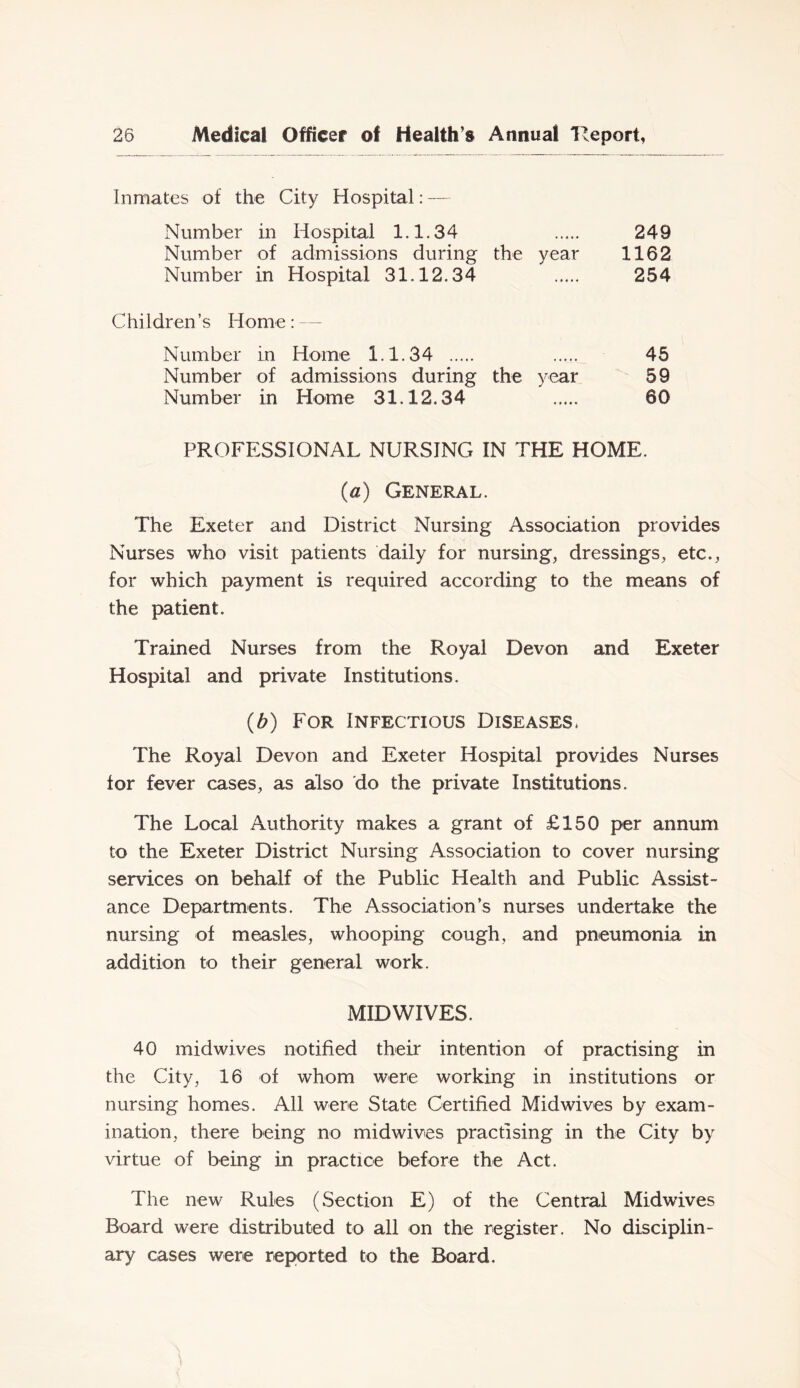 Inmates of the City Hospital: — Number in Hospital 1.1.34 249 Number of admissions during the year 1162 Number in Hospital 31.12.34 254 C hildren ’s Home: - - Number in Home 1.1.34 46 Number of admissions during the year 59 Number in Home 31.12.34 60 PROFESSIONAL NURSING IN THE HOME. (a) General. The Exeter and District Nursing Association provides Nurses who visit patients daily for nursing, dressings, etc., for which payment is required according to the means of the patient. Trained Nurses from the Royal Devon and Exeter Hospital and private Institutions. (b) For Infectious Diseases. The Royal Devon and Exeter Hospital provides Nurses tor fever cases, as also do the private Institutions. The Local Authority makes a grant of £150 per annum to the Exeter District Nursing Association to cover nursing services on behalf of the Public Health and Public Assist- ance Departments. The Association’s nurses undertake the nursing of measles, whooping cough, and pneumonia in addition to their general work. MID WIVES. 40 midwives notified their intention of practising in the City, 16 of whom were working in institutions or nursing homes. All were State Certified Mid wives by exam- ination, there being no midwives practising in the City by virtue of being in practice before the Act. The new Rules (Section E) of the Central Midwives Board were distributed to all on the register. No disciplin- ary cases were reported to the Board.
