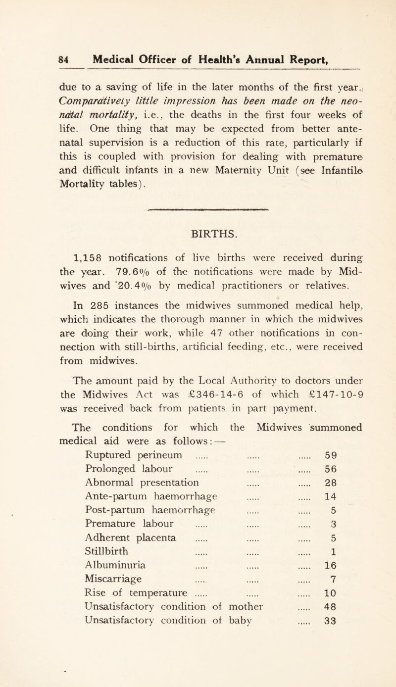 due to a saving of life in the later months of the first year., Compamtiveiy little impression has been made on the neo- natal mortality, i.e., the deaths in the first four weeks of life. One thing that may be expected from better ante- natal supervision is a reduction of this rate, particularly if this is coupled with provision for dealing with premature and difficult infants in a new Maternity Unit (see Infantile Mortality tables). BIRTHS. 1,158 notifications of live births were received during the year. 79.6o/o of the notifications were made by Mid- wives and ’20.4o/o by medical practitioners or relatives. In 285 instances the midwives summoned medical help, which indicates the thorough manner in which the midwives are doing their work, while 47 other notifications in con- nection with still-births, artificial feeding, etc., were received from midwives. The amount paid by the Local Authority to doctors under the Midwives Act was £346-14-6 of which £147-10-9 was received back from patients in part payment. The conditions for which the Midwives summoned medical aid were as follows: — Ruptured perineum Prolonged labour Abnormal presentation Ante-partum haemorrhage Post-partum haemorrhage Premature labour Adherent placenta Stillbirth Albuminuria Miscarriage Rise of temperature Unsatisfactory^ condition of mother Unsatisfactory condition of baby 59 56 28 14 5 3 5 1 16 7 10 48 33