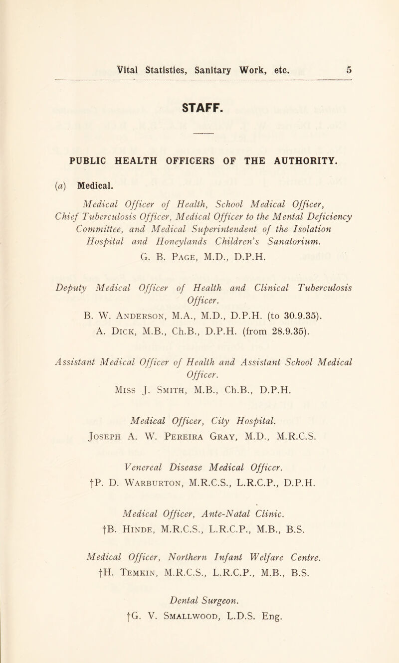 STAFF. PUBLIC HEALTH OFFICERS OF THE AUTHORITY. (a) Medical. Medical Officer of Health, School Medical Officer, Chief Tuberculosis Officer, Medical Officer to the Mental Deficiency Committee, and Medical Superintendent of the Isolation Hospital and Honeylands Children s Sanatorium. G. B. Page, M.D., D.P.H. Deputy Medical Officer of Health and Clinical Tuberculosis Officer. B. W. Anderson, M.A., M.D., D.P.H. (to 30.9.35). A. Dick, M.B., Ch.B., D.P.H. (from 28.9.35). Assistant Medical Officer of Health and Assistant School Medical Officer. Miss J. Smith, M.B., Ch.B., D.P.H. Medical Officer, City Hospital. Joseph A. W. Pereira Gray, M.D., M.R.C.S. Venereal Disease Medical Officer. fP. D. Warburton, M.R.C.S., L.R.C.P., D.P.H. Medical Officer, Ante-Natal Clinic. fB. Hinde, M.R.C.S., L.R.C.P., M.B., B.S. Medical Officer, Northern Infant Welfare Centre. fH. Temkin, M.R.C.S., L.R.C.P., M.B., B.S. Dental Surgeon. jG. V. Smallwood, L.D.S. Eng.