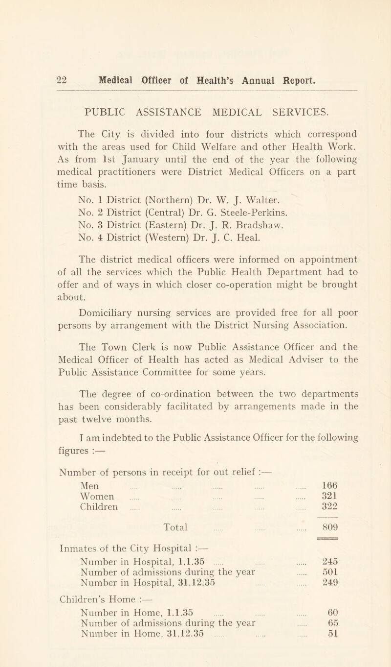 PUBLIC ASSISTANCE MEDICAL SERVICES. The City is divided into four districts which correspond with the areas used for Child Welfare and other Health Work. As from 1st January until the end of the year the following medical practitioners were District Medical Officers on a part time basis. No. 1 District (Northern) Dr. W. J. Walter. No. 2 District (Central) Dr. G. Steele-Perkins. No. 3 District (Eastern) Dr. J. R. Bradshaw. No. 4 District (Western) Dr. J. C. Heal. The district medical officers were informed on appointment of all the services which the Public Health Department had to offer and of ways in which closer co-operation might be brought about. Domiciliary nursing services are provided free for all poor persons by arrangement with the District Nursing Association. The Town Clerk is now Public Assistance Officer and the Medical Officer of Health has acted as Medical Adviser to the Public Assistance Committee for some years. The degree of co-ordination between the two departments has been considerably facilitated by arrangements made in the past twelve months. I am indebted to the Public Assistance Officer for the following figures :— Number of persons in receipt for out relief :— Men 166 Women ... 321 Children 322 Total 809 Inmates of the City Hospital :— Number in Hospital, 1.1.35 245 Number of admissions during the year 501 Number in Hospital, 31.12.35 249 Children’s Home :— Number in Home, 1.1.35 60 Number of admissions during the year 65 Number in Home, 31.12.35 ..... 51