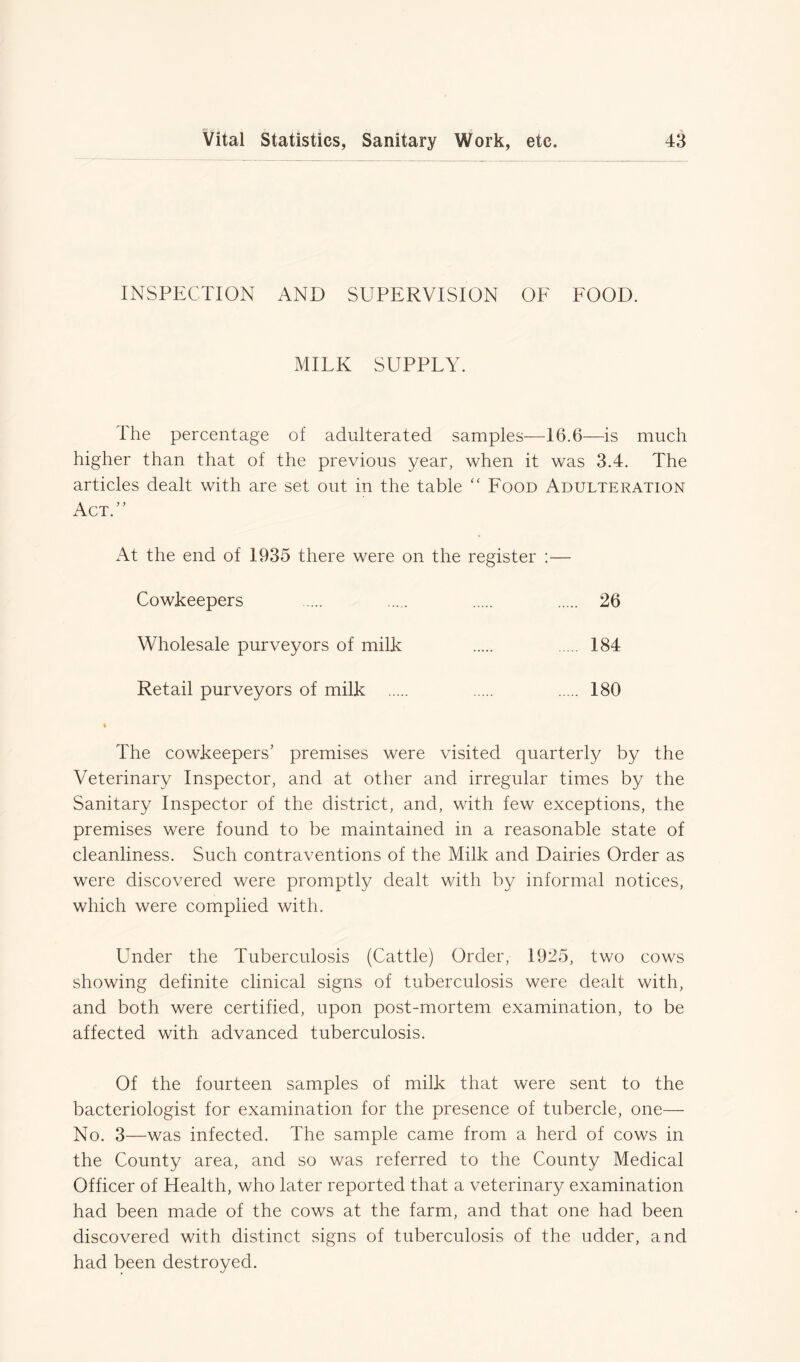 INSPECTION AND SUPERVISION OF FOOD. MILK SUPPLY. The percentage of adulterated samples—16.6—is much higher than that of the previous year, when it was 3.4. The articles dealt with are set out in the table “ Food Adulteration Act.” At the end of 1935 there were on the register :— Cowkeepers 26 Wholesale purveyors of milk 184 Retail purveyors of milk 180 The cowkeepers’ premises were visited quarterly by the Veterinary Inspector, and at other and irregular times by the Sanitary Inspector of the district, and, with few exceptions, the premises were found to be maintained in a reasonable state of cleanliness. Such contraventions of the Milk and Dairies Order as were discovered were promptly dealt with by informal notices, which were complied with. Under the Tuberculosis (Cattle) Order, 1925, two cows showing definite clinical signs of tuberculosis were dealt with, and both were certified, upon post-mortem examination, to be affected with advanced tuberculosis. Of the fourteen samples of milk that were sent to the bacteriologist for examination for the presence of tubercle, one— No. 3—was infected. The sample came from a herd of cows in the County area, and so was referred to the County Medical Officer of Health, who later reported that a veterinary examination had been made of the cows at the farm, and that one had been discovered with distinct signs of tuberculosis of the udder, and had been destroyed.