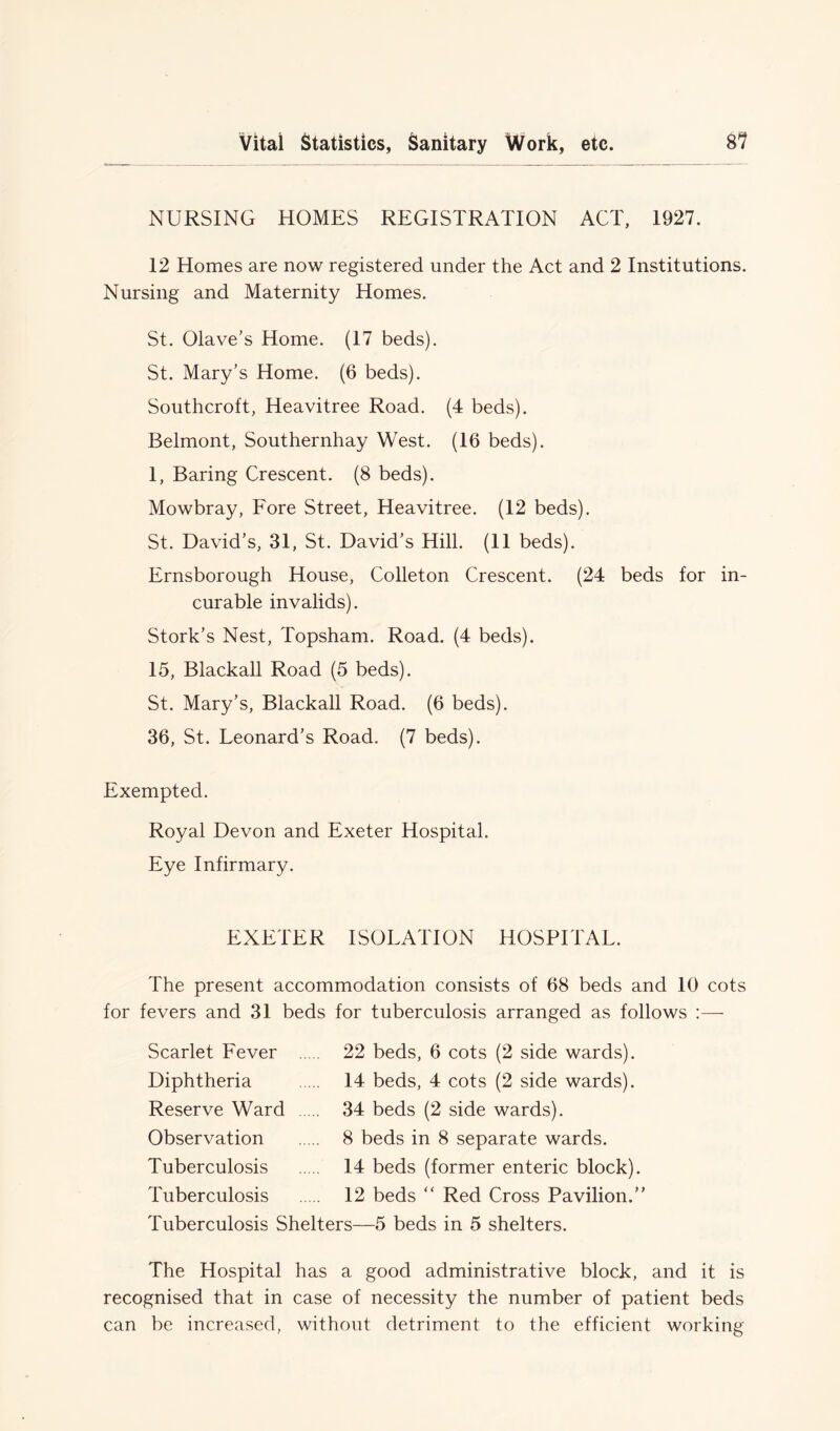NURSING HOMES REGISTRATION ACT, 1927. 12 Homes are now registered under the Act and 2 Institutions. Nursing and Maternity Homes. St. Olave’s Home. (17 beds). St. Mary’s Home. (6 beds). Southcroft, Heavitree Road. (4 beds). Belmont, Southernhay West. (16 beds). 1, Baring Crescent. (8 beds). Mowbray, Fore Street, Heavitree. (12 beds). St. David’s, 31, St. David’s Hill. (11 beds). Ernsborough House, Colleton Crescent. (24 beds for in- curable invalids). Stork’s Nest, Topsham. Road. (4 beds). 15, Blackall Road (5 beds). St. Mary’s, Blackall Road. (6 beds). 36, St. Leonard’s Road. (7 beds). Exempted. Royal Devon and Exeter Hospital. Eye Infirmary. EXETER ISOLATION HOSPITAL. The present accommodation consists of 68 beds and 10 cots for fevers and 31 beds for tuberculosis arranged as follows :— Scarlet Fever 22 beds, 6 cots (2 side wards). Diphtheria 14 beds, 4 cots (2 side wards). Reserve Ward 34 beds (2 side wards). Observation 8 beds in 8 separate wards. Tuberculosis 14 beds (former enteric block). Tuberculosis 12 beds “ Red Cross Pavilion.” Tuberculosis Shelters—5 beds in 5 shelters. The Hospital has a good administrative block, and it is recognised that in case of necessity the number of patient beds can be increased, without detriment to the efficient working