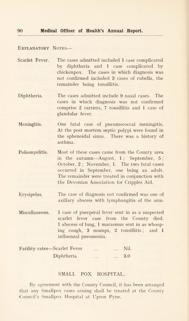Explanatory Notes Scarlet Fever. The cases admitted included 1 case complicated by diphtheria and 1 case complicated by chickenpox. The cases in which diagnosis was not confirmed included 3 cases of rubella, the remainder being tonsillitis. Diphtheria. The cases admitted include 9 nasal cases. The cases in which diagnosis was not confirmed comprise 2 carriers, 7 tonsillitis and 1 case of glandular fever. Meningitis. One fatal case of pneumococcal meningitis. At the post mortem septic polypi were found in the sphenoidal sinus. There was a history of asthma. Poliomyelitis. Most of these cases came from the County area in the autumn—August, 1 ; September, 5 ; October, 2 ; November, 1. The two fatal cases occurred in September, one being an adult. The remainder were treated in conjunction with the Devonian Association for Cripples Aid. Erysipelas. The case of diagnosis not confirmed was one of axillary abscess with lymphangitis of the arm. Miscellaneous. 1 case of puerperal fever sent in as a suspected scarlet fever case from the County died. I abscess of lung, 1 marasmus sent in as whoop- ing cough, 3 mumps, 2 tonsillitis ; and 1 influenzal pneumonia. Fatility rates— -Scarlet Fever Nil. Diphtheria 3.0 SMALL POX HOSPITAL. By agreement with the County Council, it has been arranged that any Smallpox cases arising shall be treated at the County Council’s Smallpox Hospital at Upton Pyne.