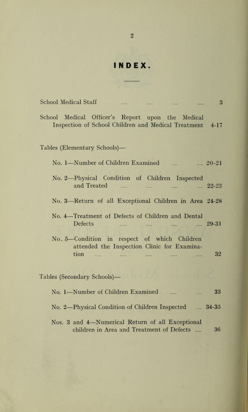 INDEX. School Medical Staff 3 School Medical Officer’s Report upon the Medical Inspection of School Children and Medical Treatment 4-17 Tables (Elementary Schools)— No. 1—Number of Children Examined 20-21 No. 2—Physical Condition of Children Inspected and Treated 22-23 No. 3—Return of all Exceptional Children in Area 24-28 No. 4—Treatment of Defects of Children and Dental Defects 29-31 No. 5—Condition in respect of which Children attended the Inspection Clinic for Examina- tion 32 Tables (Secondary Schools)— No. 1—Number of Children Examined 33 No. 2—Physical Condition of Children Inspected 34-35 Nos. 3 and 4—Numerical Return of all Exceptional children in Area and Treatment of Defects 30