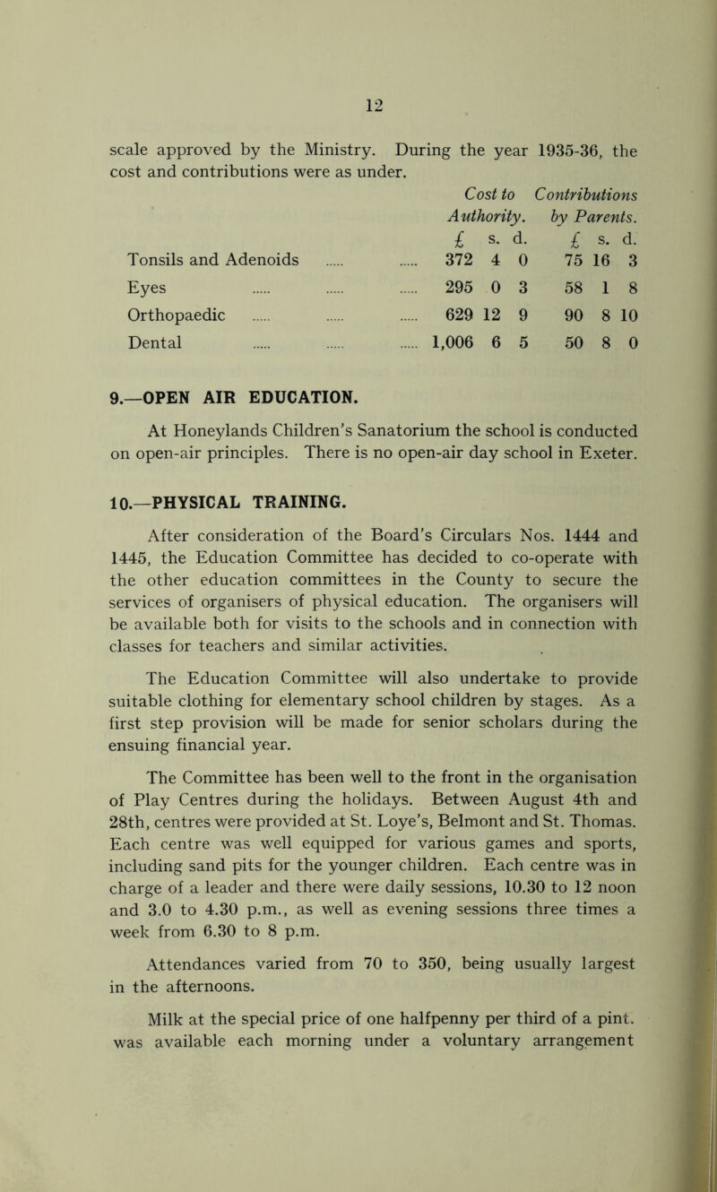 scale approved by the Ministry. During the year 1935-36, the cost and contributions were as under. Cost to Contributions Authority. by Parents. £ s. d. £ s. d. Tonsils and Adenoids 372 4 0 75 16 3 Eyes 295 0 3 58 1 8 Orthopaedic 629 12 9 90 8 10 Dental 1,006 6 5 50 8 0 9. —OPEN AIR EDUCATION. At Honeylands Children’s Sanatorium the school is conducted on open-air principles. There is no open-air day school in Exeter. 10. —PHYSICAL TRAINING. After consideration of the Board’s Circulars Nos. 1444 and 1445, the Education Committee has decided to co-operate with the other education committees in the County to secure the services of organisers of physical education. The organisers will be available both for visits to the schools and in connection with classes for teachers and similar activities. The Education Committee will also undertake to provide suitable clothing for elementary school children by stages. As a first step provision will be made for senior scholars during the ensuing financial year. The Committee has been well to the front in the organisation of Play Centres during the holidays. Between August 4th and 28th, centres were provided at St. Loye’s, Belmont and St. Thomas. Each centre was well equipped for various games and sports, including sand pits for the younger children. Each centre was in charge of a leader and there were daily sessions, 10.30 to 12 noon and 3.0 to 4.30 p.m., as well as evening sessions three times a week from 6.30 to 8 p.m. Attendances varied from 70 to 350, being usually largest in the afternoons. Milk at the special price of one halfpenny per third of a pint, was available each morning under a voluntary arrangement