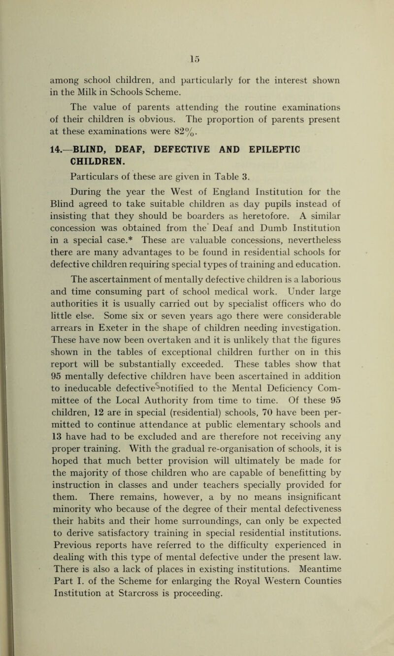 among school children, and particularly for the interest shown in the Milk in Schools Scheme. The value of parents attending the routine examinations of their children is obvious. The proportion of parents present at these examinations were 82%. 14.—BLIND, DEAF, DEFECTIVE AND EPILEPTIC CHILDREN. Particulars of these are given in Table 3. During the year the West of England Institution for the Blind agreed to take suitable children as day pupils instead of insisting that they should be boarders as heretofore. A similar concession was obtained from the Deaf and Dumb Institution in a special case.* These are valuable concessions, nevertheless there are many advantages to be found in residential schools for defective children requiring special types of training and education. The ascertainment of mentally defective children is a laborious and time consuming part of school medical work. Under large authorities it is usually carried out by specialist officers who do little else. Some six or seven years ago there were considerable arrears in Exeter in the shape of children needing investigation. These have now been overtaken and it is unlikely that the figures shown in the tables of exceptional children further on in this report will be substantially exceeded. These tables show that 95 mentally defective children have been ascertained in addition to ineducable defective^notified to the Mental Deficiency Com- mittee of the Local Authority from time to time. Of these 95 children, 12 are in special (residential) schools, 70 have been per- mitted to continue attendance at public elementary schools and 13 have had to be excluded and are therefore not receiving any proper training. With the gradual re-organisation of schools, it is hoped that much better provision will ultimately be made for the majority of those children who are capable of benefitting by instruction in classes and under teachers specially provided for them. There remains, however, a by no means insignificant minority who because of the degree of their mental defectiveness their habits and their home surroundings, can only be expected to derive satisfactory training in special residential institutions. Previous reports have referred to the difficulty experienced in dealing with this type of mental defective under the present law. There is also a lack of places in existing institutions. Meantime Part I. of the Scheme for enlarging the Royal Western Counties Institution at Starcross is proceeding.