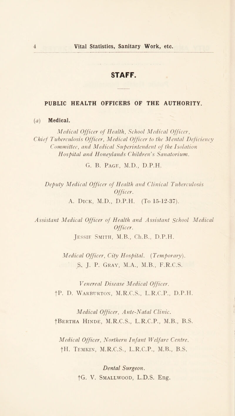 STAFF. PUBLIC HEALTH OFFICERS OF THE AUTHORITY. (a) Medical. Medical Officer of Health, School Medical Officer, Chief Tuberculosis Officer, Medical Officer to the Mental Deficiency Committee, and Medical Superintendent of the Isolation Hospital and Honeylands Children’s Sanatorium. G. B. Page, M.D., D.P.H. Deputy Medical Officer of Health and Clinical Tuberculosis Officer. A. Dick, M.D., D.P.H. (To 15-12-37). Assistant Medical Officer of Health and Assistant School Medical Officer. Jessie Smith, M.B., Ch.B., D.P.H. Medical Officer, City Hospital. (Temporary). ^ J. P. Gray, M.A., M.B., F.R.C.S. Venereal Disease Medical Officer. fP. D. Warburton, M.R.C.S., L.R.C.P., D.P.H. Medical Officer, Ante-Natal Clinic. fBERTHA Hinde, M.R.C.S., L.R.C.P., M.B., B.S. Medical Officer, Northern Infant Welfare Centre, fH, Temkin, M.R.C.S., L.R.C.P., M.B., B,S. Dental Surgeon. |G. V. Smallwood, L.D.S. Eng.