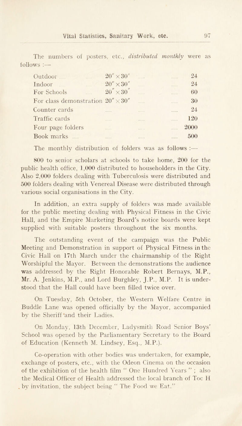 The numbers of posters, etc., distributed monthly were as follows :— Outdoor. 20x30 24 Indoor 20 X 30 .... 24 For Schools . 20x30' 60 For class demonstration 20 X 30 . 30 Counter cards 24 Traffic cards 120 Four page folders .... 2000 Book marks 500 The monthly distribution of folders was as follows :—- 800 to senior scholars at schools to take home, 200 for the public health office, 1,000 distributed to householders in the City. Also 2,000 folders dealing with Tuberculosis were distributed and 500 folders dealing with Venereal Disease were distributed through various social organisations in the City. In addition, an extra supply of folders was made available for the public meeting dealing with Physical Fitness in the Civic Hall, and the Empire Marketing Board’s notice boards were kept supplied with suitable posters throughout the six months. The outstanding event of the campaign was the Public Meeting and Demonstration in support of Physical Fitness in the Civic Hall on 17th March under the chairmanship of the Right Worshipful the Mayor. Between the demonstrations the audience was addressed by the Right Honorable Robert Bernays, M.P., Mr. A. Jenkins, M.P., and Lord Burghley, J.P., M.P. It is under- stood that the Hall could have been filled twice over. On Tuesday, 5th October, the Western Welfare Centre in Buddie Lane was opened officially by the Mayor, accompanied by the Sheriff 'and their Ladies. On Monday, 13th December, Ladysmith Road Senior Boys' School was opened by the Parliamentary Secretary to the Board of Education (Kenneth M. Lindsey, Esq., M.P.). Co-operation with other bodies was undertaken, for example, exchange of posters, etc., with the Odeon Cinema on the occasion of the exhibition of the health film “ One Hundred Years ” ; also the Medical Officer of Health addressed the local branch of Toe H . by invitation, the subject being “ The Food we Eat.”