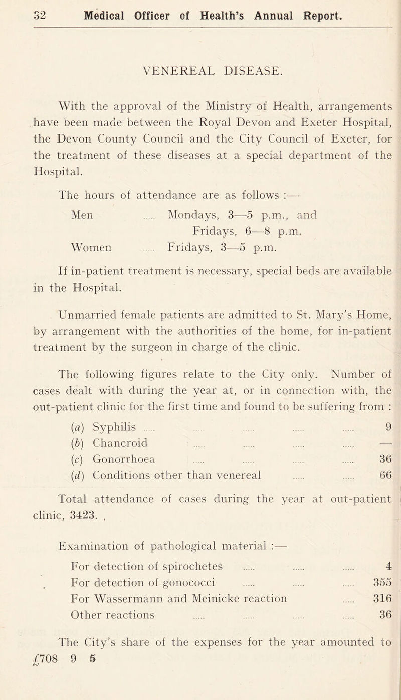VENEREAL DISEASE. With the approval of the Ministry of Health, arrangements have been made between the Royal Devon and Exeter Hospital, the Devon County Council and the City Council of Exeter, for the treatment of these diseases at a special department of the Hospital. The hours of attendance are as follows :— Men Mondays, 3—5 p.m., and Eridays, 6—8 p.m.. Women Fridays, 3—^5 p.m. If in-patient treatment is necessary, special beds are available in the Hospital. Unmarried female patients are admitted to St. Mary’s Home, by arrangement with the authorities of the home, for in-patient treatment by the surgeon in charge of the clinic. The following figures relate to the City onl^/. Number of cases dealt with during the year at, or in connection with, the out-patient clinic for the first time and found to be suffering from : (a) Syphilis 9 (b) Chancroid — (c) Gonorrhoea 36 (d) Conditions other than venereal 66 Total attendance of cases during the year at out-patient clinic, 3423. , Examination of pathological material For detection of spirochetes 4 For detection of gonococci 355 For Wassermann and Meinicke reaction 316 Other reactions 36 The City’s share of the expenses for the year amounted to £708 9 5