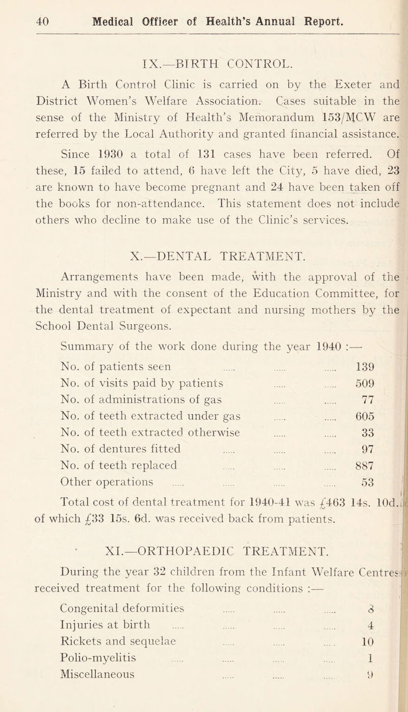 IX.—BIRTH CONTROL. A Birth Control Clinic is carried on by the Exeter and District Women’s Welfare Association. Cases suitable in the sense of the Ministry of Health’s Memorandum I53/MCW are referred by the Local Authority and granted financial assistance. Since 1930 a total of 131 cases have been referred. Of these, 15 failed to attend, 6 have left the City, 5 have died, 23 are known to have become pregnant and 24- have been ^ken off the books for non-attendance. This statement does not include others who decline to make use of the Clinic’s services. X.—DENTAL TREATMENT. Arrangements have been made, with the approval of the Ministry and with the consent of the Education Committee, for the dental treatment of expectant and nursing mothers by the School Dental Surgeons. Summary of the work done during the year 1940 :—■ No. of patients seen 139 No. of visits paid by patients 509 No. of administrations of gas 77 No. of teeth extracted under gas 605 No. of teeth extracted otherwise 33 No. of dentures fitted 97 No. of teeth replaced 887 Other operations 53 Total cost of dental treatment for 1940-41 was £463 14s. lOd.i of which £33 15s. 6d. was received back from patients. XL—ORTHOPAEDIC TREATMENT. During the year 32 children from the Infant Welfare Centres i received treatment for the following conditions :— Congenital deformities 8 Injuries at birth 4 Rickets and sequelae ..., 10 Polio-myelitis ... 1 Miscellaneous .... 9