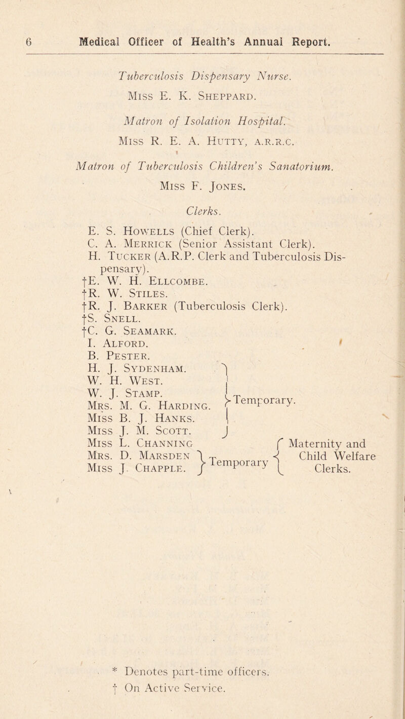 Tuberculosis Dispensary Nurse. Miss E. K. Sheppard. Matron of Isolation Hospital. Miss R. E. A. Hutty, a.r.r.c. I Matron of Tuberculosis Children s Sanatorium. Miss F. Jones. Clerks. E. S. Howells (Chief Clerk). C. A. Merrick (Senior Assistant Clerk). H. Tucker (A.R.P. Clerk and Tuberculosis Dis- pensary). fE. W. H. Ellcombe. jR. W. Stiles. fR. J. Barker (Tuberculosis Clerk). jS. Snell. jC. G. Seamark. I. Alford. B. Pester. H. j. Sydenham. J W. H. West. W. T. Stamp. ~ Mrs M. G. Harding. ^Temporary. Miss B. J. Hanks. \ Miss J. M. Scott. J Miss L. Channing f Maternity and Mrs. D. Marsden \t d Child Welfare Miss J Chapple. j Temporary ^ aerks. * Denotes part-time officers, f On Active Service.