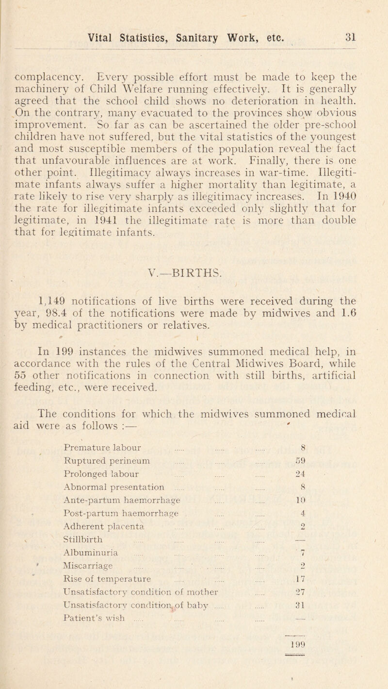 complacency. Every possible effort must be made to keep the machinery of Child Welfare running effectively. It is generally agreed that the school child shows no deterioration in health. On the contrary, many evacuated to the provinces show obvious improvement. So far as can be ascertained the older pre-school children have not suffered, but the vital statistics of the youngest and most susceptible members of the population reveal the fact that unfavourable influences are at work. Finally, there is one other point. Illegitimacy always increases in war-time. Illegiti- mate infants always suffer a higher mortality than legitimate, a rate likely to rise very sharply as illegitimacy increases. In 1940 the rate for illegitimate infants exceeded only slightly that for legitimate, in 1941 the illegitimate rate is more than double that for legitimate infants. V.—BIRTHS. 1,149 notifications of live births were received during the year, 98.4 of the notifications were made by midwives and 1.6 by medical practitioners or relatives. 0  i In 199 instances the midwives summoned medical help, in accordance with the rules of the Central Midwives Board, while 55 other notifications in connection with still births, artificial feeding, etc., were received. The conditions for which the midwives summoned medical aid were as follows :— Premature labour 8 Ruptured perineum 59 Prolonged labour 24 Abnormal presentation 8 Ante-partum haemorrhage ... ... 10 Post-partum haemorrhage 4 Adherent placenta ... 2 v Stillbirth ... — Albuminuria 7 Miscarriage .....' 2 Rise of temperature . ... 17 Unsatisfactory condition of mother 27 Unsatisfactory condition^ of baby 31 Patient's wish ... . . ..