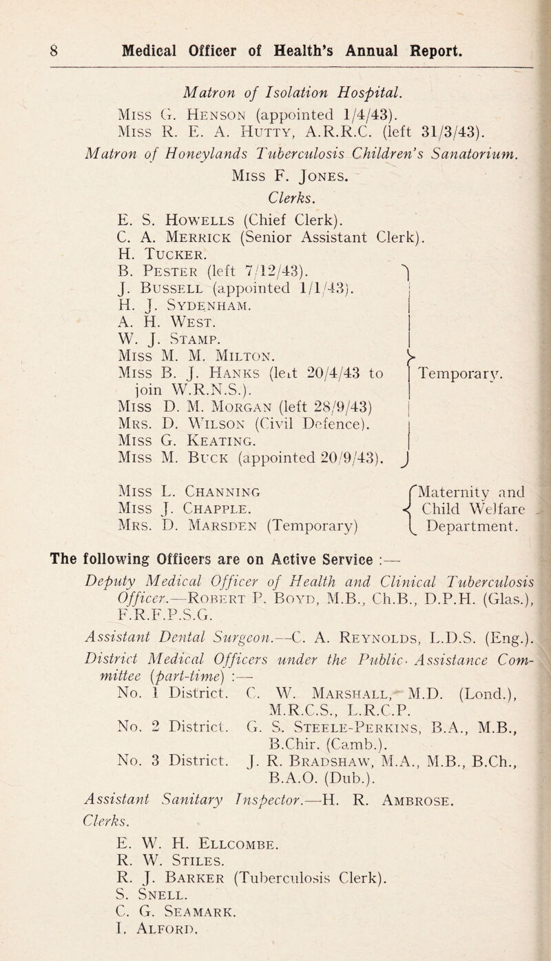 Matron of Isolation Hospital. Miss G. Henson (appointed 1/4/43). Miss R. E. A. Hutty, A.R.R.C. (left 31/3/43). Matron of Honeylands Tuberculosis Children’s Sanatorium. Miss F. Jones. Clerks. E. S. Howells (Chief Clerk). C. A. Merrick (Senior Assistant Clerk). H. Tucker. B. Pester (left 7/12/43). ^ J. Bussell (appointed 1/1/43). | H. J. Sydenham. | A. H. West. | W. J. Stamp. | Miss M. M. Milton. Miss B. J. EIanks (leit 20/4/43 to | Temporarv. join W.R.N.S.). I Miss D. M. Morgan (left 28/9/43) | Mrs. D. Wilson (Civil Defence). Miss G. Keating. Miss M. Buck (appointed 20/9/43). Miss L. Channing Miss J. Chapple. Mrs. D. Marsden (Temporary) [atemity and Child V/eifare Department. The following Officers are on Active Service :— Deputy Medical Officer of Health and Clinical Tuhercidosis Officer.—Robert P. Boyd, M.B., Ch.B., D.P.H. (Glas.), F.R.F.P.S.G. Assistant Dental Surgeon.—C. A. Reynolds, E.D.S. (Eng.). District Medical Officers under the Public• Assistance Com- mittee (part-time) :— No. 1 District. C. W. Marshall, M.D. (Lond.), M.R.C.S., E.R.C.P. No. 2 District. G. S. Steele-Perkins, B.A., M.B., B.Chir. (Camb.). No. 3 District. J. R. Bradshaw, M.A., M.B., B.Ch., B.A.O. (Dub.). Assistant Sanitary Inspector.—-H. R. Ambrose. Clerks. E. W. H. Ellcombe. R. W. Stiles. R. J. Barker (Tuberculosis Clerk). S. Snell. C. G. Seamark. I. Alford,