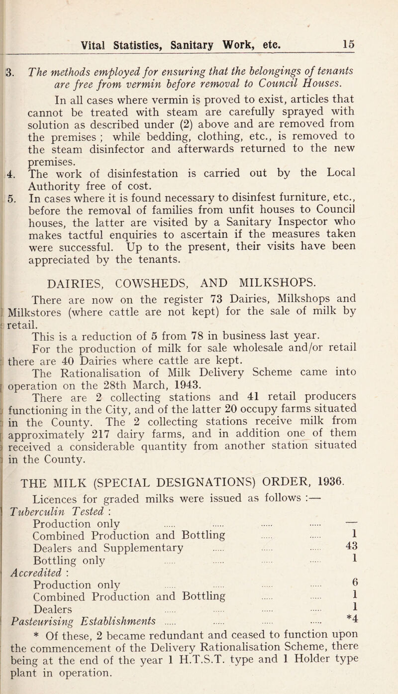 3. The methods employed for ensuring that the belongings of tenants are free from vermin before removal to Council Houses. In all cases where vermin is proved to exist, articles that cannot be treated with steam are carefully sprayed with solution as described under (2) above and are removed from the premises ; while bedding, clothing, etc., is removed to the steam disinfector and afterwards returned to the new premises. 4. The work of disinfestation is carried out by the Local Authority free of cost. 5. In cases where it is found necessary to disinfest furniture, etc., before the removal of families from unfit houses to Council houses, the latter are visited by a Sanitary Inspector who makes tactful enquiries to ascertain if the measures taken were successful. Up to the present, their visits have been appreciated by the tenants. DAIRIES, COWSHEDS, AND MILKSHOPS. There are now on the register 73 Dairies, Milkshops and ] Milkstores (where cattle are not kept) for the sale of milk by j retail. This is a reduction of 5 from 78 in business last year. Eor the production of milk for sale wholesale and/or retail : there are 40 Dairies where cattle are kept. The Rationalisation of Milk Delivery Scheme came into [ operation on the 28th March, 1943. There are 2 collecting stations and 41 retail producers j functioning in the City, and of the latter 20 occupy farms situated : in the County. The 2 collecting stations receive milk from [ approximately 217 dairy farms, and in addition one of them 3 received a considerable quantity from another station situated ^ in the County. THE MILK (SPECIAL DESIGNATIONS) ORDER, 1936. I Licences for graded milks were issued as follows :— I Tuberculin Tested : Production only — Combined Production and Bottling 1 Dealers and Supplementary 43 Bottling only 1 Accredited : Production only ^ Combined Production and Bottling 1 Dealers 1 I Pasteurising Establishments *4 * Of these, 2 became redundant and ceased to function upon the commencement of the Delivery Rationalisation Scheme, there being at the end of the year 1 H.T.S.T. type and 1 Holder type plant in operation.