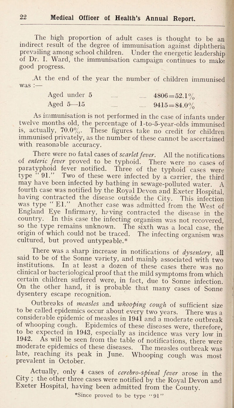 The high proportion of adult cases is thought to be an indirect result of the degree of immunisation against diphtheria prevailing among school children. Under the energetic leadership of Dr. I. Ward, the immunisation campaign continues to make good progress. ,At the end of the year the number of children immunised was :— Aged under 5 4806 = 52.1% Aged 5—15 9415 = 84.0% As immunisation is not performed in the case of infants under twelve months old, the percentage of l-to-5-year-olds immunised is, actually, 70.0%. These figures take no credit for children immunised privately, as the number of these cannot be ascertained with reasonable accuracy. There were no fatal cases of scarlet fever. All the notifications of enteric fever proved to be typhoid. There were no cases of paratyphoid fever notified. Three of the typhoid cases were tj^pe 91. Two of these were infected by a carrier, the third may have been infected by bathing in sewage-polluted water. A fourth case was notified by the Royal Devon and Exeter Hospital, having contracted the disease outside the City. This infection was type  El. Another case was admitted from the West of England Eye Infirmary, having contracted the disease in the country. In this case the infecting organism was not recovered, so the type remains unknown. The sixth was a local case, the origin of which could not be traced. The infecting organism was cultured, but proved untypeable.* There was a sharp increase in notifications of dysentery, all ! said to be of the Sonne variety, and mainly associated with two institutions. In at least a dozen of these cases there was no clinical or bacteriological proof that the mild symptoms from which * certain children suffered were, in fact, due to Sonne infection. On the other hand, it is probable that many cases of Sonne dysentery escape recognition. ’ li Outbreaks of measles and whooping cou^h of sufficient size to be called epidemics occur about every two years. There was a considerable epidemic of measles in 1941 and a moderate outbreak ' of whooping cough. Epidemics of these diseases were, therefore, to be expected in 1943, especially as incidence was very low in 1942. As will be seen from the table of notifications, there were moderate epidemics of these diseases. The measles outbreak was late, reaching its peak in June. Whooping cough was most prevalent in October. j Actually, only 4 cases of cerehro-spinal fever arose in the City ; the other three cases were notified by the Royal Devon and Exeter Hospital, having been admitted from the County. ^ *Since proved to be type “91”