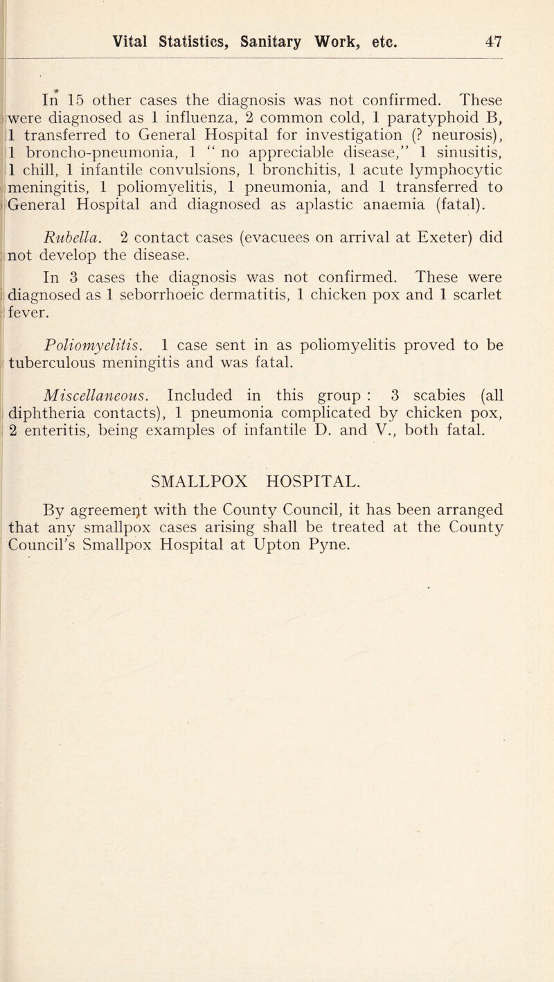 I * 1 • • • In 15 other cases the diagnosis was not confirmed. These were diagnosed as 1 influenza, 2 common cold, 1 paratyphoid B, 1 transferred to General Hospital for investigation (? neurosis), 1 broncho-pneumonia, 1 “no appreciable disease,” 1 sinusitis, 1 chill, 1 infantile convulsions, 1 bronchitis, 1 acute lymphocytic meningitis, 1 poliomyelitis, 1 pneumonia, and 1 transferred to General Hospital and diagnosed as aplastic anaemia (fatal). Rtibella. 2 contact cases (evacuees on arrival at Exeter) did not develop the disease. In 3 cases the diagnosis v/as not confirmed. These were diagnosed as 1 seborrhoeic dermatitis, 1 chicken pox and 1 scarlet fever. Poliomyelitis. 1 case sent in as poliomyelitis proved to be tuberculous meningitis and was fatal. Miscellaneous. Included in this group : 3 scabies (all diphtheria contacts), I pneumonia complicated by chicken pox, 2 enteritis, being examples of infantile D. and V., both fatal. SMALLPOX HOSPITAL. By agreemei}t with the County Council, it has been arranged that any smallpox cases arising shall be treated at the County Council’s Smallpox Hospital at Upton Pyne.