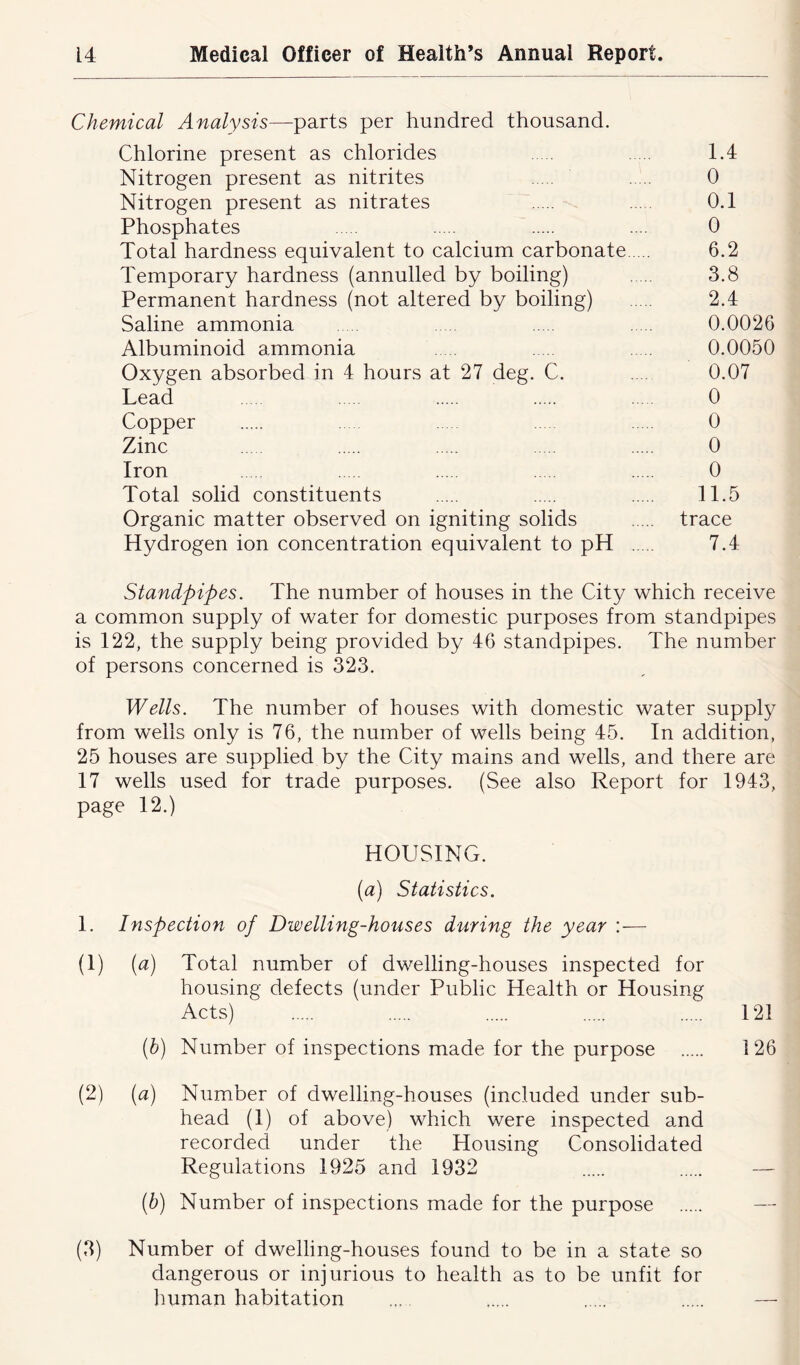 Chemical Analysis—parts per hundred thousand. Chlorine present as chlorides 1.4 Nitrogen present as nitrites 0 Nitrogen present as nitrates ... 0.1 Phosphates .... 0 Total hardness equivalent to calcium carbonate 6.2 Temporary hardness (annulled by boiling) 3.8 Permanent hardness (not altered by boiling) 2.4 Saline ammonia 0.0026 Albuminoid ammonia 0.0050 Oxygen absorbed in 4 hours at 27 deg. C. .... 0.07 Lead 0 Copper 0 Zinc 0 Iron 0 Total solid constituents 11.5 Organic matter observed on igniting solids trace Hydrogen ion concentration equivalent to pH 7.4 Standpipes. The number of houses in the City which receive a common supply of water for domestic purposes from standpipes is 122, the supply being provided by 46 standpipes. The number of persons concerned is 323. Wells. The number of houses with domestic water supply from wells only is 76, the number of wells being 45. In addition, 25 houses are supplied by the City mains and wells, and there are 17 wells used for trade purposes. (See also Report for 1943, page 12.) HOUSING. (a) Statistics. 1. Inspection of Dwelling-houses during the year — (1) (a) Total number of dwelling-houses inspected for housing defects (under Public Health or Housing Acts) 121 (b) Number of inspections made for the purpose 126 (2) (a) Number of dwelling-houses (included under sub- head (1) of above) which were inspected and recorded under the Housing Consolidated Regulations 1925 and 1932 (b) Number of inspections made for the purpose (3) Number of dwelling-houses found to be in a state so dangerous or injurious to health as to be unfit for human habitation