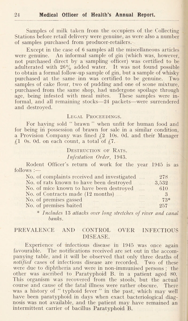 Samples of milk taken from the occupiers of the Collecting Stations before retail delivery were genuine, as were also a number of samples purchased from producer-retailers. Except in the case of 6 samples all the miscellaneous articles were genuine. An informal sample of gin (which was, however, not purchased direct by a sampling officer) was certified to be adulterated with 26% added water. It was not found possible to obtain a formal follow-up sample of gin, but a sample of whisky purchased at the same inn was certified to be genuine. Two samples of cake flour, two of pudding and one of scone mixture, purchased from the same shop, had undergone spoilage through age, being infested with meal mites. These samples were in- formal, and all remaining stocks—24 packets—were surrendered and destroyed. Legal Proceedings. For having sold “ brawn ” when unfit for human food and for being in possession of brawn for sale in a similar condition, a Provision Company was fined £2 10s. Od. and their Manager £1 Os. Od. on each count, a total of £7. Destruction of Rats. Infestation Order, 1943. Rodent Officer’s return of work for the year 1945 is as follows :— No. of complaints received and investigated . 278 No. of rats known to have been destroyed 3,532 No. of mice known to have been destroyed 610 No. of Contracts made (12 months) 3 No. of premises gassed 73* No. of premises baited 257 * Includes 13 attacks over long stretches of river and canal hanks. PREVALENCE AND CONTROL OVER INFECTIOUS DISEASE. Experience of infectious disease in 1945 was once again favourable. The notifications received are set out in the accom- panying table, and it will be observed that only three deaths of notified cases of infectious disease are recorded. Two of these were due to diphtheria and were in non-immunised persons ; the other was ascribed to Paratyphoid B. in a patient aged 80. This organism was recovered from the stools, but the actual course and cause of the fatal illness were rather obscure. There was a history of “ typhoid fever ” in the past, which may well have been paratyphoid in days when exact bacteriological diag- nosis was not available, and the patient may have remained an intermittent carrier of bacillus Paratyphoid B.