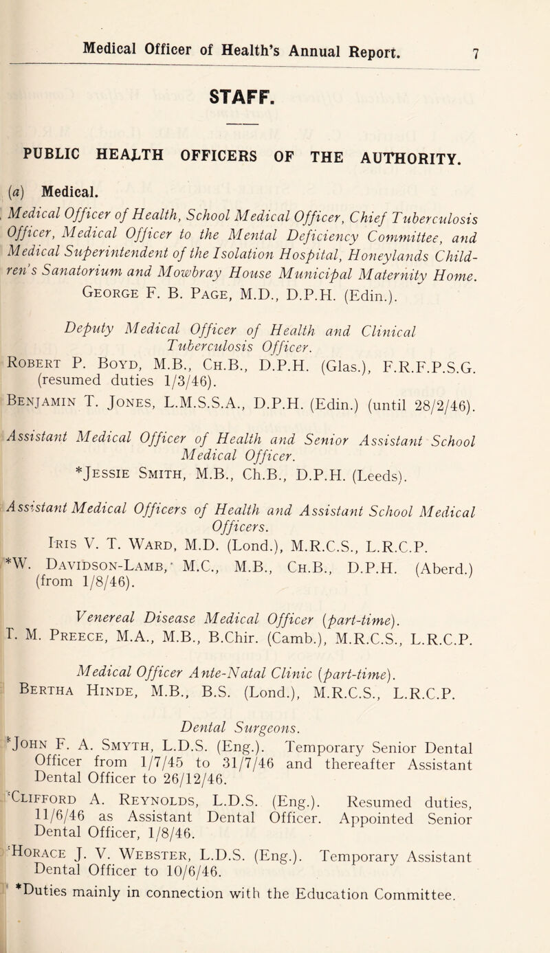 STAFF. PUBLIC HEALTH OFFICERS OF THE AUTHORITY. (a) Medical. Medical Officev of Health, School Medical Officey, Chief Tubeyculosis Officer, Medical Officer to the Mental Deficiency Committee, and Medical Superintendent of the Isolation Hospital, Honeylands Child- ren s Sanatorium and Mowbray House Municipal Maternity Home. George F. B. Page, M.D., D.P.H. (Edin.). Deputy Medical Officer of Health and Clinical Tuberculosis Officer. Robert P. Boyd, M.B., Ch.B., D.P.H. (Glas.), F.R.F.P.S.G. (resumed duties 1/3/46). Benjamin T. Jones, L.M.S.S.A., D.P.H. (Edin.) (until 28/2/46). Assista^it Medical Officer of Health and Senior Assistant School Medical Officer. *Jessie Smith, M.B., Ch.B., D.P.H. (Leeds). Assistant Medical Officers of Health and Assistant School Medical Officers. Iris V. T. Ward, M.D. (Lond.), M.R.C.S., L.R.C.P. *W. Davidson-Lamb,' M.C., M.B., Ch.B., D.P.H. (Aberd.) (from 1/8/46). Venereal Disease Medical Officer {part-time). r. M. Preece, M.A., M.B., B.Chir. (Camb.), M.R.C.S., L.R.C.P. Medical Officer Ante~Natal Clinic [part-time). Bertha Hinde, M.B., B.S. (Lond.), M.R.C.S., L.R.C.P. Dental Surgeons. •'John F. A. Smyth, L.D.S. (Eng.). Temporary Senior Dental Officer from 1/7/45 to 31/7/46 and thereafter Assistant Dental Officer to 26/12/46. ^Clifford A. Reynolds, L.D.S. (Eng.). Resumed duties, 11/6/46 as Assistant Dental Officer. Appointed Senior Dental Officer, 1/8/46. Horace J. V. Webster, L.D.S. (Eng.). Temporary Assistant Dental Officer to 10/6/46. ^Duties mainly in connection with the Education Committee.