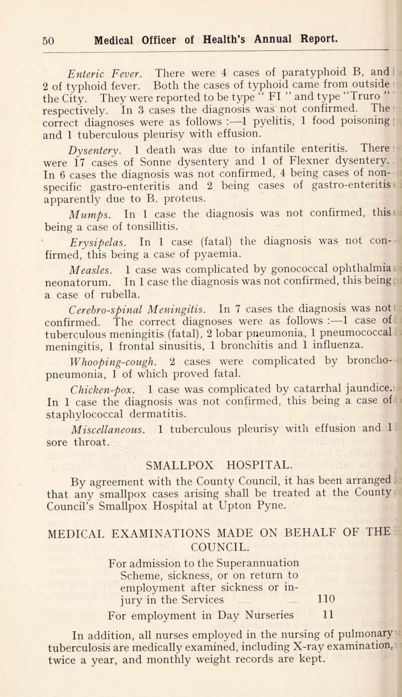 Enteric Fever. There were 4 cases of paratyphoid B, and. 2 of typhoid fever. Both the cases of typhoid came from outside the City. They were reported to be type  FI ” and type ‘Truro ” respectively. In 3 cases the diagnosis was not confirmed. The correct diagnoses were as follows :—1 pyelitis, 1 food poisoning and 1 tuberculous pleurisy with effusion. Dysentery. 1 death was due to infantile enteritis. There were 17 cases of Sonne dysentery and 1 of Flexner dysentery. In 6 cases the diagnosis was not confirmed, 4 being cases of non- specific gastro-enteritis and 2 being cases of gastro-enteritis' apparently due to B. proteus. Mumps. In 1 case the diagnosis was not confirmed, this- being a case of tonsillitis. Erysipelas. In 1 case (fatal) the diagnosis was not con- firmed, this being a case of pyaemia. Measles. 1 case was complicated by gonococcal ophthalmia neonatorum. In 1 case the diagnosis was not confirmed, this being, a case of rubella. Cerehro-spinal Meningitis. In 7 cases the diagnosis was not confirmed. The correct diagnoses were as follows :—1 case of tuberculous meningitis (fatal), 2 lobar pneumonia, 1 pneumococcal meningitis, 1 frontal sinusitis, 1 bronchitis and 1 influenza. Whooping-cough. 2 cases were complicated by broncho- pneumonia, 1 of which proved fatal. Chicken-pox. 1 case was complicated by catarrhal jaundice. In 1 case the diagnosis was not confirmed, this being a case of staphylococcal dermatitis. Miscellaneous. 1 tuberculous pleurisy with effusion and 1 sore throat. SMALLPOX HOSPITAL. ^ By agreement with the County Council, it has been arranged, that any smallpox cases arising shall be treated at the County Council's Smallpox Hospital at Upton Pyne. MEDICAL EXAMINATIONS MADE ON BEHALF OF THE COUNCIL. For admission to the Superannuation Scheme, sickness, or on return to employment after sickness or in- jury in the Services 110 For employment in Day Nurseries 11 In addition, all nurses employed in the nursing of pulmonary tuberculosis are medically examined, including X-ray examination, twice a year, and monthly weight records are kept.