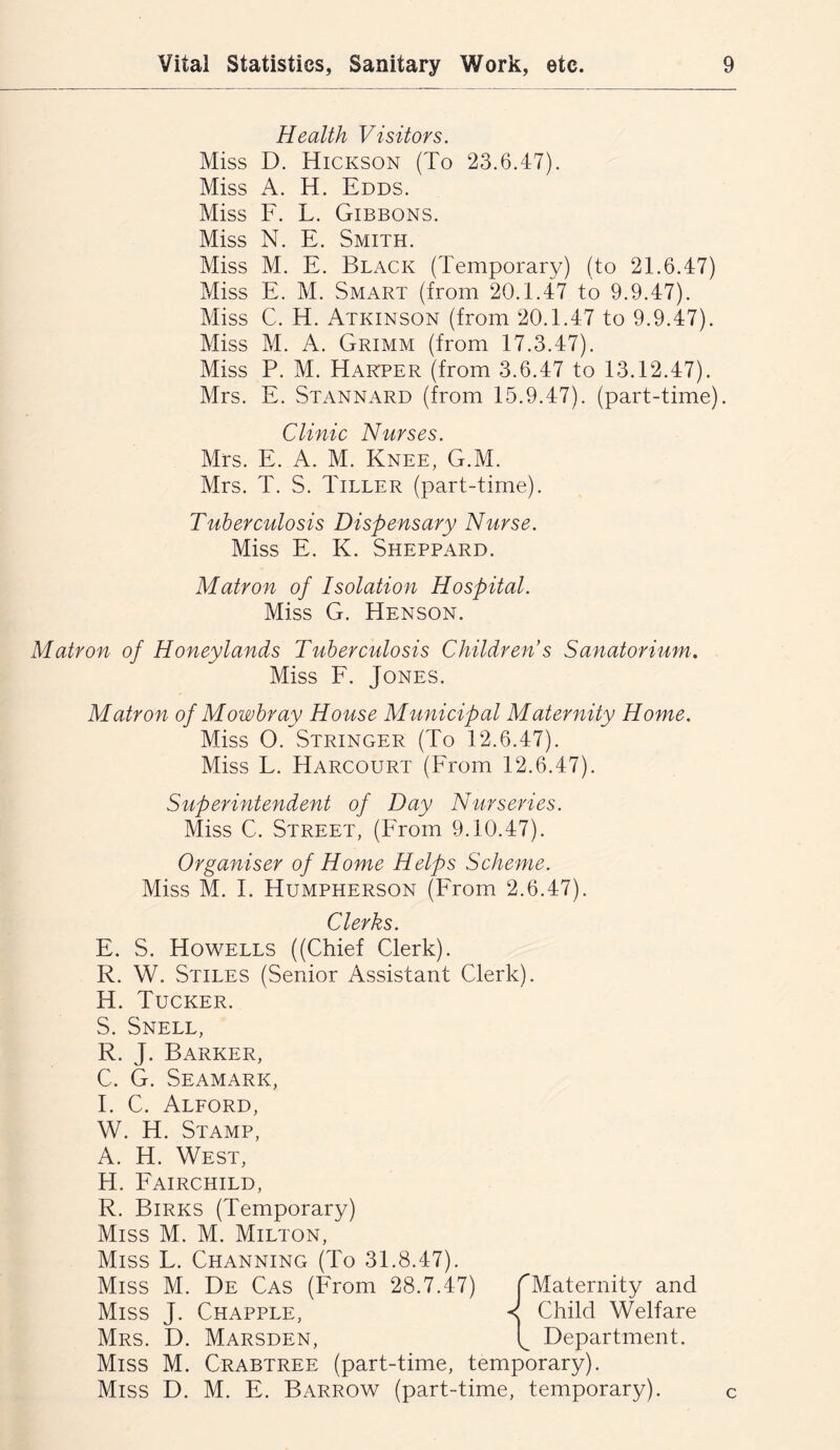 Health Visitors. Miss D. Hickson (To 23.6.47). Miss A. H. Edds. Miss F. L. Gibbons. Miss N. E. Smith. Miss M. E. Black (Temporary) (to 21.6.47) Miss E. M. Smart (from 20.1.47 to 9.9.47). Miss C. H. Atkinson (from 20.1.47 to 9.9.47). Miss M. A. Grimm (from 17.3.47). Miss P. M. Harper (from 3.6.47 to 13.12.47). Mrs. E. Stannard (from 15.9.47). (part-time). Clinic Nurses. Mrs. E. A. M. Knee, G.M. Mrs. T. S. Tiller (part-time). Tuberculosis Dispensary Nurse. Miss E. K. Sheppard. Matron of Isolation Hospital. Miss G. Henson. Matron of Honeylands Tuberculosis Children’s Sanatorium. Miss F. Jones. Matron of Mowbray House Municipal Maternity Home. Miss 0. .Stringer (To 12.6.47). Miss L. Harcourt (From 12.6.47). Superintendent of Day Nurseries. Miss C. Street, (From 9.10.47). Organiser of Home Helps Scheme. Miss M. I. Humpherson (From 2.6.47). Clerks. E. S. Howells ((Chief Clerk). R. W. Stiles (Senior Assistant Clerk). H. Tucker. S. Snell, R. J. Barker, C. G. Seamark, I. C. Alford, W. H. Stamp, A. H. West, H. Fairchild, R. Birks (Temporary) Miss M. M. Milton, Miss L. Channing (To 31.8.47). Miss M. De Cas (From 28.7.47) Miss J. Chapple, Mrs. D. Marsden, Miss M. Crabtree (part-time, temporary). Miss D. M. E. Barrow (part-time, temporary). c