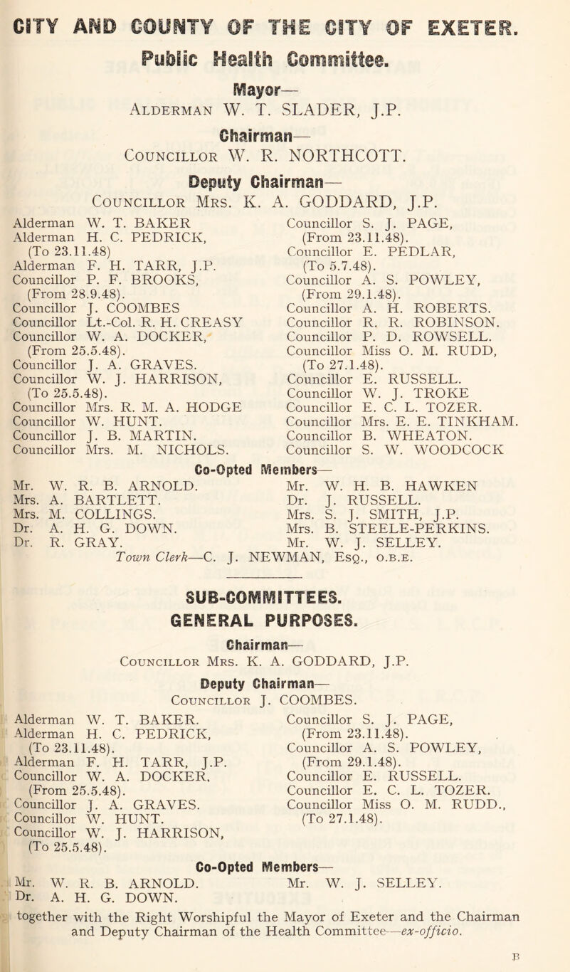 Public Health Cemmitiee. Mayor— Alderman W. T. SLADER, J.P. Chairman— Councillor W. R. NORTHCOTT. Deputy Chairman— Councillor Mrs. K. Alderman W. T. BAKER Alderman H. C. PEDRICK, (To 23.11.48) Alderman F. H. TARR, J.P. Councillor P. F. BROOKS, (From 28.9.48). Councillor J. COOMBES Councillor Lt.-Col. R. H. CREASY Councillor W. A. DOCKER, (From 25.5.48). Councillor J. A. GRAVES. Councillor W. J. HARRISON, (To 25.5.48). Councillor Mrs. R. M. A. HODGE Councillor W. HUNT. Councillor J. B. MARTIN. Councillor Mrs. M. NICHOLS. A. GODDARD, J.P. Councillor S. J. PAGE, (From 23.11.48). Councillor E. PEDLAR, (To 5.7.48). Councillor A. S. POWLEY, (From 29.1.48). Councillor A. H. ROBERTS. Councillor R. R. ROBINSON. Councillor P. D. ROWSELL. Councillor Miss O. M. RUDD, (To 27.1.48). Councillor E. RUSSELL. Councillor W. J. TROKE Councillor E. C. L. TOZER. Councillor Mrs. E. E. TINKHAM. Councillor B. WHEATON. Councillor S. W. WOODCOCK Co-Opted Members Mr. W. R. B. ARNOLD. Mr. W. H. B. HAWKEN Mrs. A. BARTLETT. Dr. J. RUSSELL. Mrs. M. COLLINGS. Mrs. S. J. SMITH. J.P. Dr. A. H. G. DOWN. Mrs. B. STEELE-PERKINS. Dr. R. GRAY. Mr. W. J. SELLEY. Town Clerk—C. J. NEWMAN, Esq., o.b.e. SUB-OOiVIf^ITTEES. GENERAL PURPOSES. Chairman— Councillor Mrs. K. A. GODDARD, J.P. Deputy Chairman— Councillor Alderman W. T. BAKER. Alderman H. C. PEDRICK, (To 23.11.48). Alderman F. H. TARR, J.P. Councillor W. A. DOCKER. (From 25.5.48). Councillor J. A. GRAVES. Councillor W. HUNT. Councillor W. J. HARRISON, (To 25.5.48). Co-Opted ^Ir. W. R. B. ARNOLD. Dr. A. H. G. DOWN. together with the Right Worshipful J. COOMBES. Councillor S. J. PAGE, (From 23.11.48). Councillor A. S. POWLEY, (From 29.1.48). Councillor E. RUSSELL. Councillor E. C. L. TOZER. Councillor Miss O. M. RUDD., (To 27.1.48). Members— Mr. W. J. SELLEY. the Mayor of Exeter and the Chairman