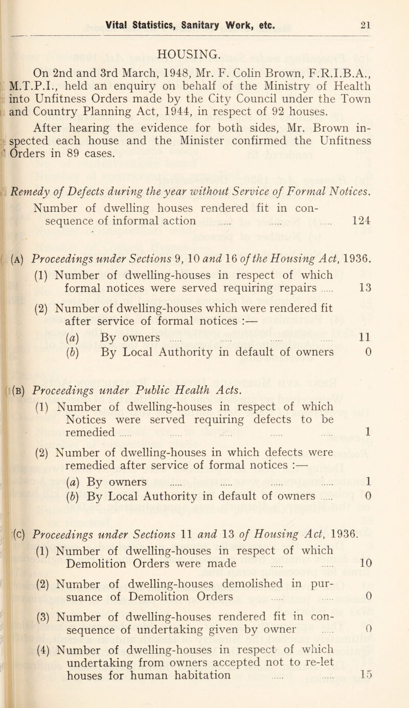 HOUSING. On 2nd and 3rd March, 1948, Mr. F. Colin Brown, F.R.I.B.A., M.T.P.I., held an enquiry on behalf of the Ministry of Health into Unfitness Orders made by the City Council under the Town and Country Planning Act, 1944, in respect of 92 houses. After hearing the evidence for both sides, Mr. Brown in- spected each house and the Minister confirmed the Unfitness ' Orders in 89 cases. Remedy of Defects during the year without Service of Formal Notices. Number of dwelling houses rendered fit in con- sequence of informal action 124 (a) Proceedings under Sections 9, 10 and of the Housing Act, 1936. (1) Number of dwelling-houses in respect of which formal notices were served requiring repairs 13 (2) Number of dwelling-houses which were rendered fit after service of formal notices :— {a) By owners 11 (h) By Local Authority in default of owners 0 (b) Proceedings under Public Health Acts. (1) Number of dwelling-houses in respect of which Notices were served requiring defects to be remedied . 1 (2) Number of dwelling-houses in which defects were remedied after service of formal notices :— (a) By owners 1 {h) By Local Authority in default of owners 0 (c) Proceedings under Sections 11 and 13 of Housing Act, 1936. (1) Number of dwelling-houses in respect of which Demolition Orders were made 10 (2) Number of dwelling-houses demolished in pur- suance of Demolition Orders 0 (3) Number of dwelling-houses rendered fit in con- sequence of undertaking given by owner 0 — (4) Number of dwelling-houses in respect of which » undertaking from owners accepted not to re-let S houses for human habitation 15 1,