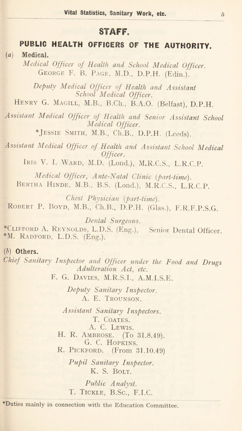 STAFF, PUBLIC HEALTH OFFICERS ©F THE AUTHORITY. {a) Medical. Medical Officev of Health and School Medical Officet. George F. B. Page, M.D., D.P.H. (Edin.). Deputy Medical Officer of Health and Assistant School Medical Officer. Henry G. Magill, M.B., B.Ch., B.A.O. (Belfast), D.P.H. Assistant Medical Officer oj Health and Senior Assistant School Medical Officer. *Jessie Smith, M.B., Ch.B., D.P.H. (Leeds). Assistant Medical Officer of Health and Assistant School Medical Officer. Iris V. I. Ward, M.D. (Bond.), M.R.C.S., L.R.C.P. Medical Officer, Ante-Natal Clinic [part-tifne). Bertha Hinde, M.B., B.S. (Bond.), M.R.C.S., L.R.C.P. Chest Physician {part-time). Robert P. Boyd, M.B., Ch.B., D^P.IB (Glas.), F.R.F.P.S.G. Dental Surgeons. ^Clifford A. Reynolds, L.D.S. (Eng.), Senior Dental Officer *M. Radford, L.D.S. (Eng.). (h) Others. Chief Sanitary Inspector and Officer under the Food and Drugs Adulteration Act, etc. E. G. Davies, M.R.S.L, A.M.I.S.E. Deputy Sanitary Inspector. A. E. Trounson. Assistant Sanitary Inspectors. T. Coates. A. C. Lewis. H. R. Ambrose. (To 31.8.49). G. C. Hopkins. R. Pickford. (From 31.10.49) Pupil Sanitary Inspector. K. S. Bolt. Public Analyst. T. Tickle, B.Sc., F.I.C.