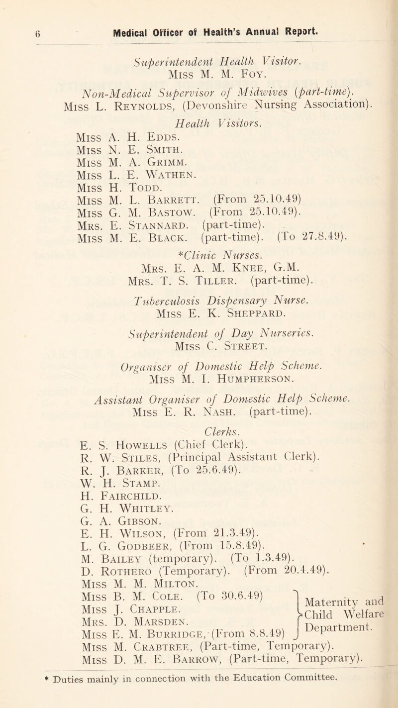 Superintendent Health Visitor. Miss M. M. Foy. Non-Medical Supervisor of Midwtves (part-tinie). Miss L. Reynolds, (Devonshire Nursing Association). Health Visitors. Miss A. H. Edds. Miss N. E. Smith. Miss M. A. Grimm. Miss L. E. Wathen. Miss H. Todd. Miss M. L. Barrett. (From 25.10.49) Miss G. M. Bastow. (From 25.10.49). Mrs. E. Stannard. (part-time). Miss M. E. Black, (part-time). (To 27.8.49). * Clinic Nurses. Mrs. E. a. M. Knee, G.M. Mrs. T. S. Tiller, (part-time). Tuberculosis Dispensary Nurse. Miss E. K. Sheppard. Superintendent of Day Nurseries. Miss C. Street. Organiser of Domestic Help Scheme. Miss M. I. Humpherson. Assistant Organiser of Domestic Help Scheme. Miss E. R. Nash, (part-time). Clerks. E. S. Howells (Chief Clerk). R. W. Stiles, (Principal Assistant Clerk). R. J. Barker, (To 25.6.49). W. H. Stamp. H. Fairchild. G. H. Whitley. G. A. Gibson. E. H. Wilson, (From 21.3.49). L. G. Godbeer, (From 15.8.49). M. Bailey (temporary). (To 1.3.49). D. Rothero (Temporary). (From 20.4.49). Miss M. M. Milton. B. M. Cole. (To 30.6.49) J. ChAPPLE. D. MARSDEN. rl')p,.,nrt-inPTlf E. M. Burridge, (From 8.8.49) J 'department. M. Crabtree, (Part-time, Temporary). D. M. E. Barrow, (Part-time, Temporary). Miss Miss Mrs. Miss Miss Miss Maternity and Child Welfare