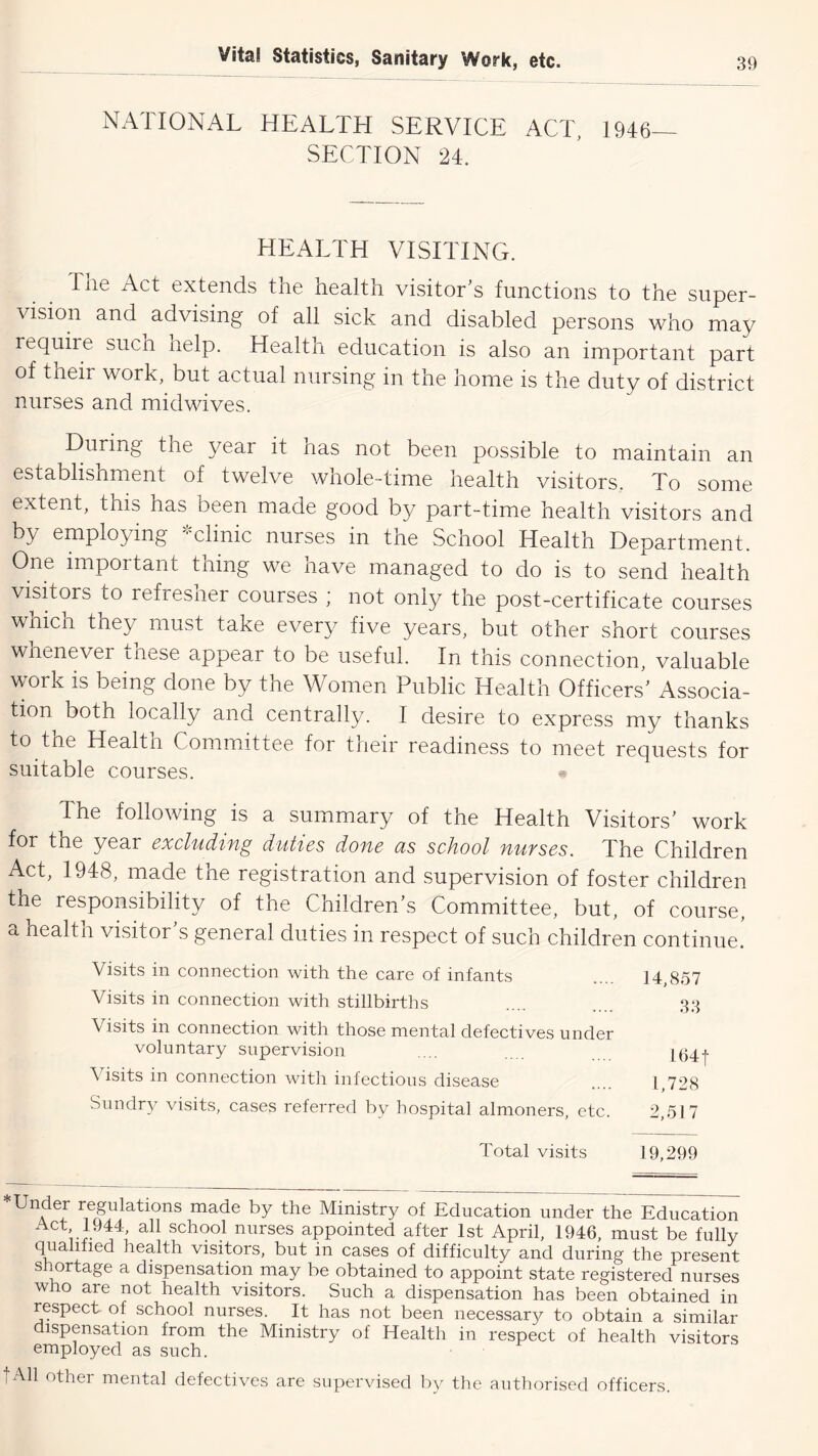 NATIONAL HEALTH SERVICE ACT, 1946— SECTION 24. HEALTH VISITING. Tiic Act extends the nealth visitor s functions to the super- vision and advising of all sick and disabled persons who may require suen help. Health education is also an important part of their work, but actual nursing in the home is the duty of district nurses and midwives. During the year it nas not been possible to maintain an establishment of twelve whole-time health visitors. To some extent, this has been made good by part-time health visitors and by employing ‘clinic nurses in tne School Health Department. One important thing we have managed to do is to send health visEors to refresher courses ; not only the post-certificate courses wnich they must take every five years, but other short courses whenever tnese appear to be useful. In this connection, valuable work is being done by the Women Public Health Officers’ Associa- tion both locally and centrally. I desire to express my thanks to the Health Committee for their readiness to meet requests for suitable courses. The following is a summary of the Health Visitors’ work for the year excluding duties done as school nurses. The Children Act, 1948, made the registration and supervision of foster children the responsibility of the Children’s Committee, but, of course, a health visitor’s general duties in respect of such children continue. Visits in connection with the care of infants Visits in connection with stillbirths Visits in connection with those mental defectives under voluntary supervision Visits in connection with infectious disease .Sundry visits, cases referred by hospital almoners, etc. Total visits 19,299 *Under regulations made by the Ministry of Education under the Education school nurses appointed after 1st April, 1946, must be fully qualified health visitors, but in cases of difficulty and during the present shortage a dispensation may be obtained to appoint state registered nurses who are not health visitors. Such a dispensation has been obtained in respect of school nurses. It has not been necessary to obtain a similar dispensation from the Ministry of Health in respect of health visitors employed as such. tAll other mental defectives are supervised by the authorised officers. 14,857 33 164t 1,728 2,517